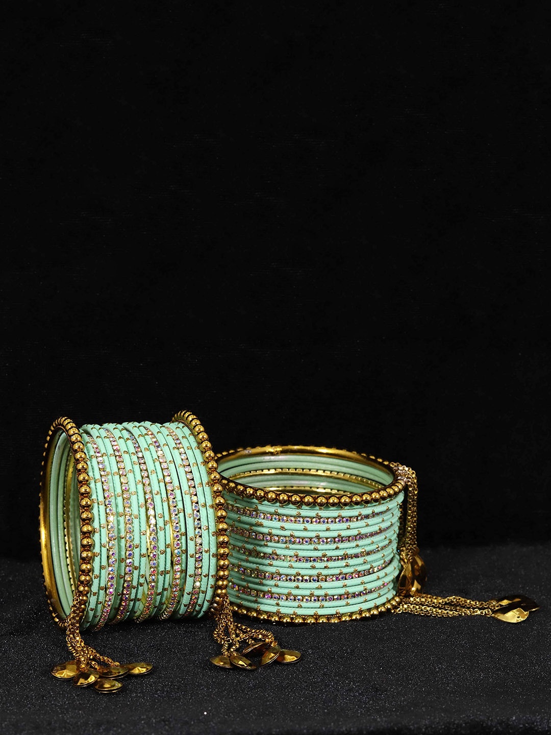 

ZULKA Set of 38 Zari Dotted and Rainbow Zircon Gemstone Metal Bangles, Green