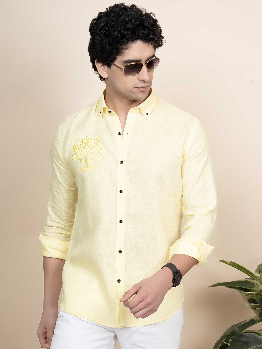 

ALMATY Men Comfort Button-Down Collar Floral Solid Linen Casual Shirt, Yellow