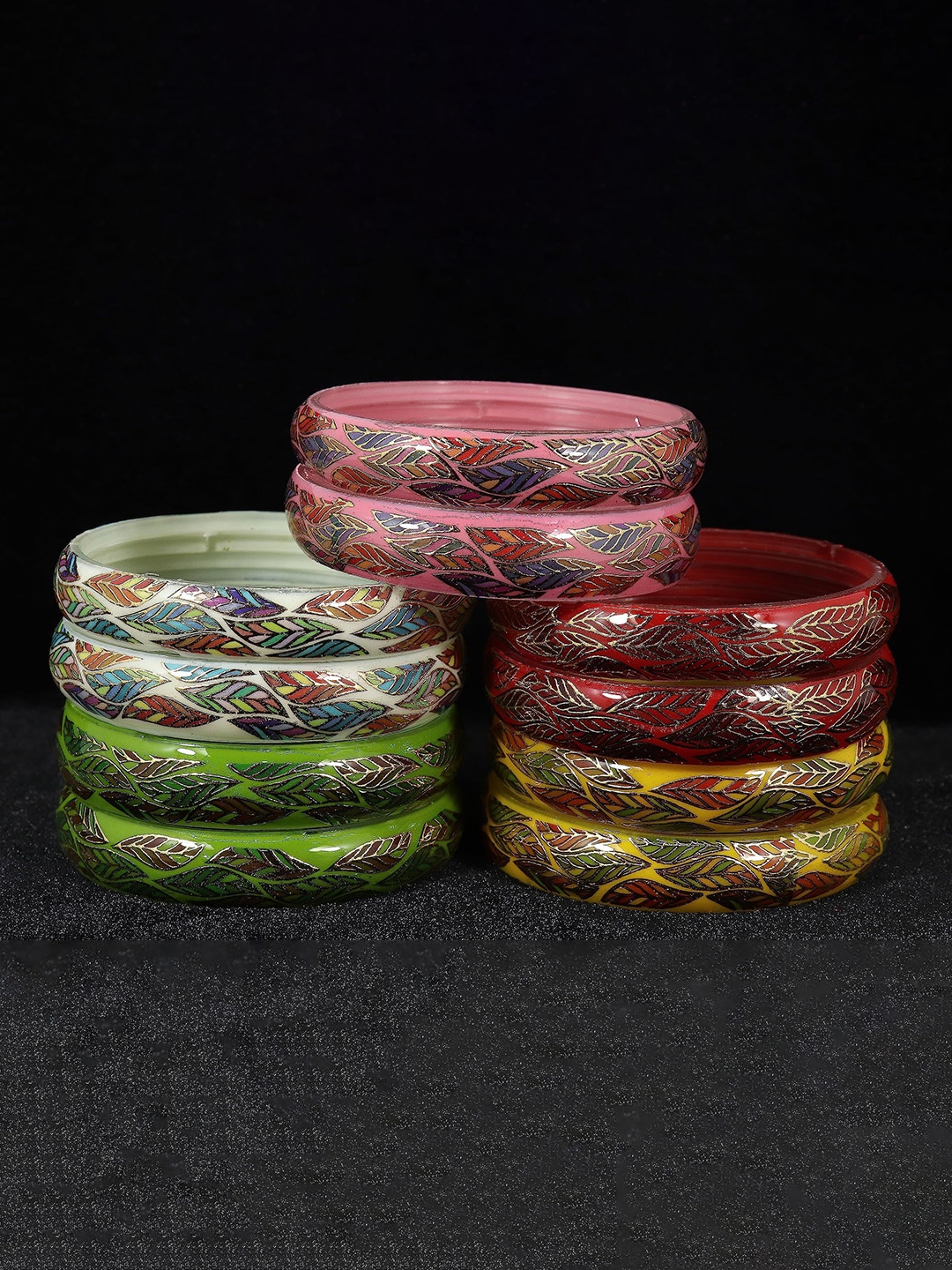 

ZULKA Set of 10 Alloy Base Leaf Printed Glass Bangels, Multi