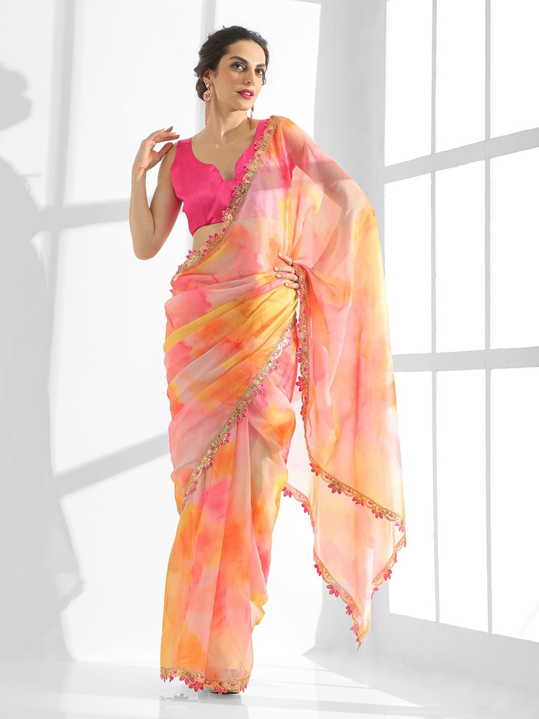 

Kalista Sequinned Embellished Pure Chiffon Saree, Orange