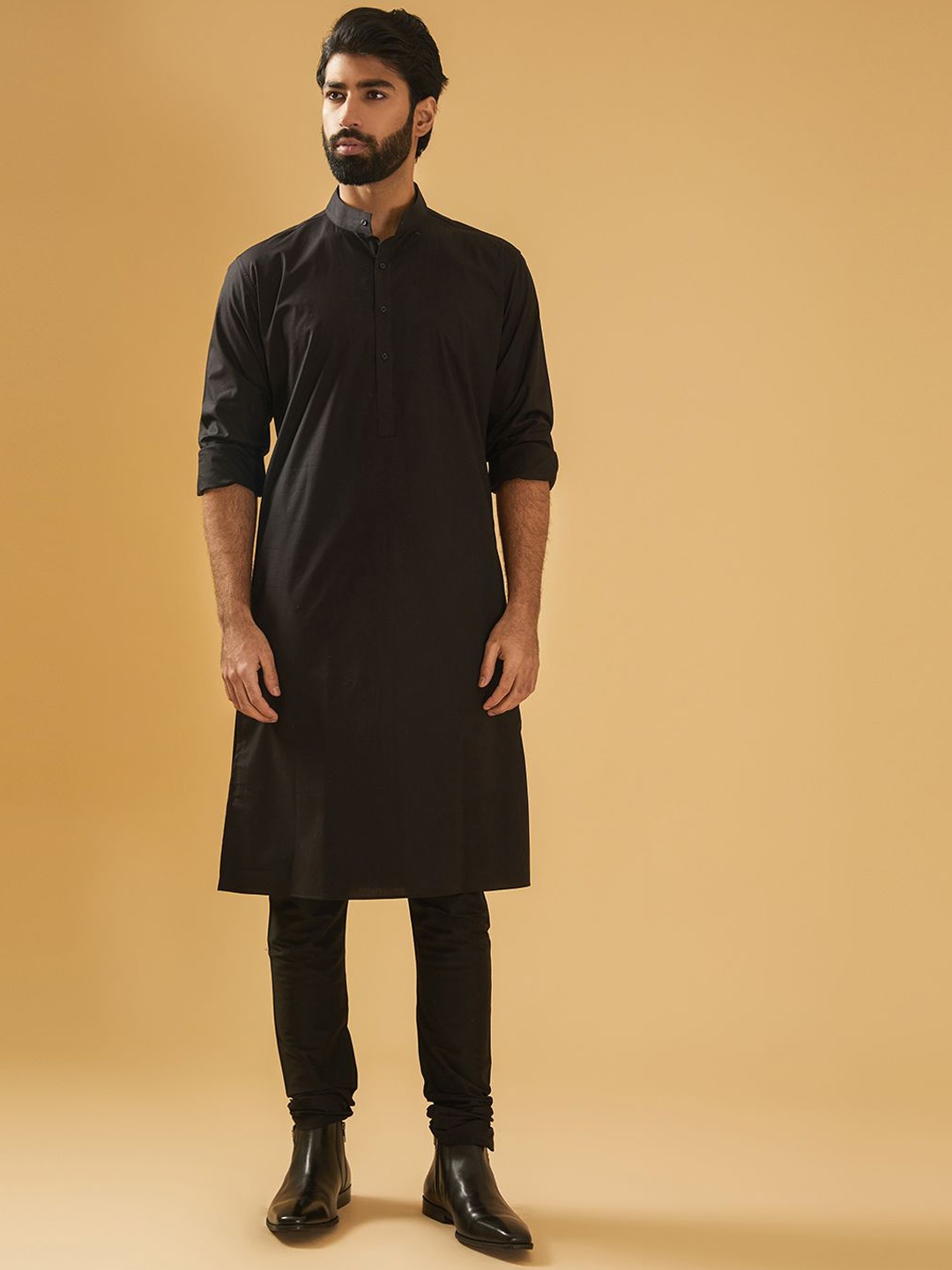 

RR Blue Band Collar Straight Pure Cotton Kurta, Black