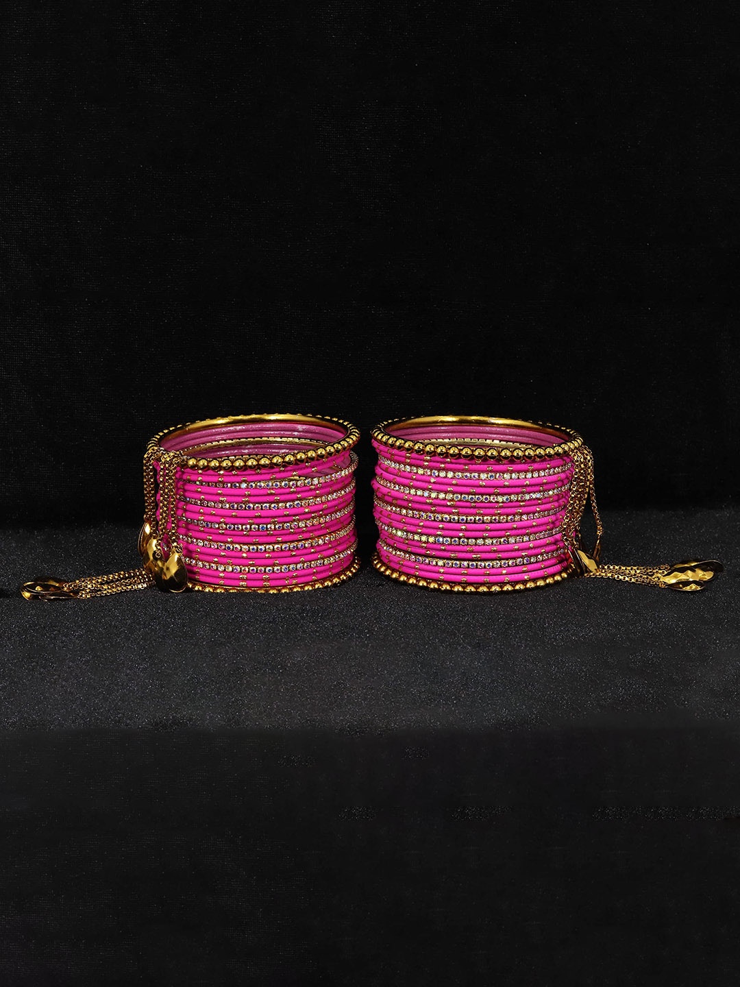 

Set of 38 Metal Zari Dotted & Rainbow Zircon Gemstone Bangles, Red