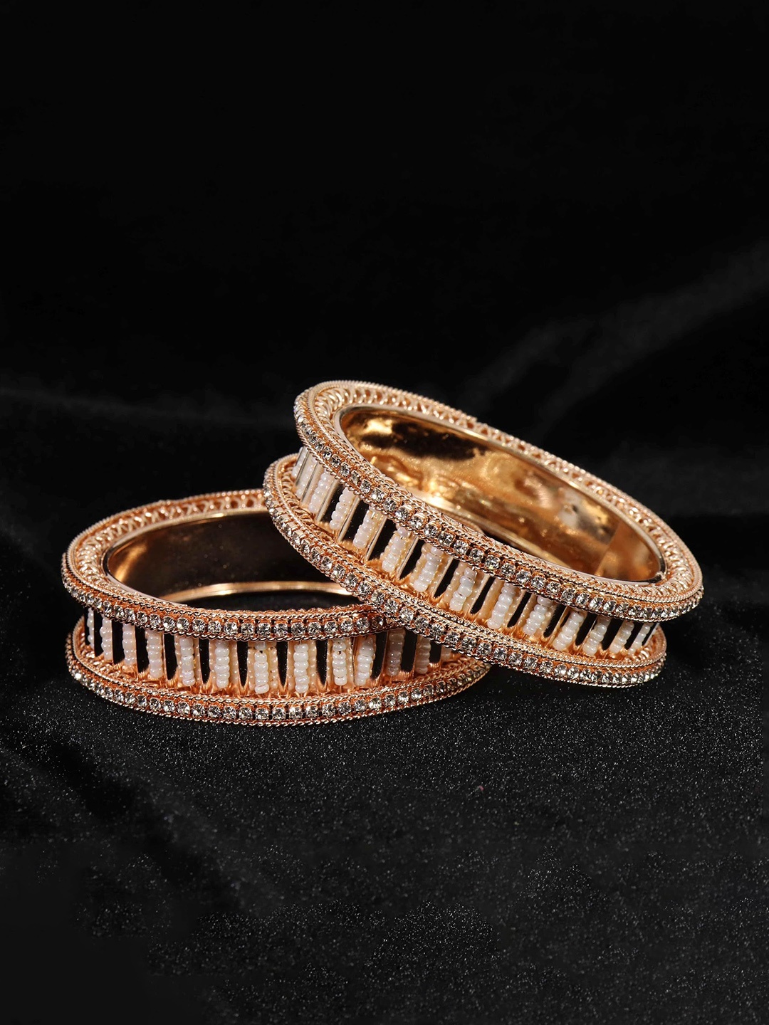 

ZULKA Set of 2 Traditional American Diamond Stone Metal Kada Bangles For Women, Rose gold