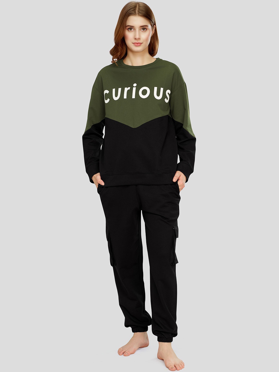 

Zeyo Women Typography Printed Night suit, Olive