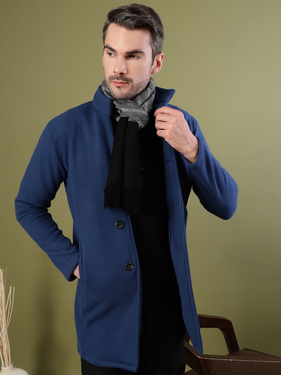 

Rigo Men Stand Collar Single-Breasted Overcoat, Blue