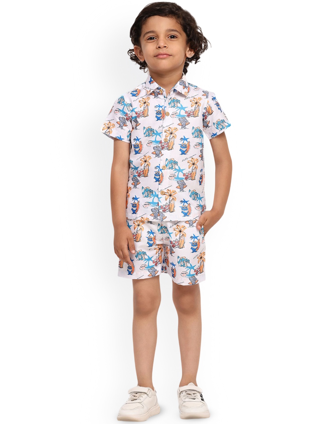 

Funny Bones Clothings Boys Printed Shirt With Shorts Set, White