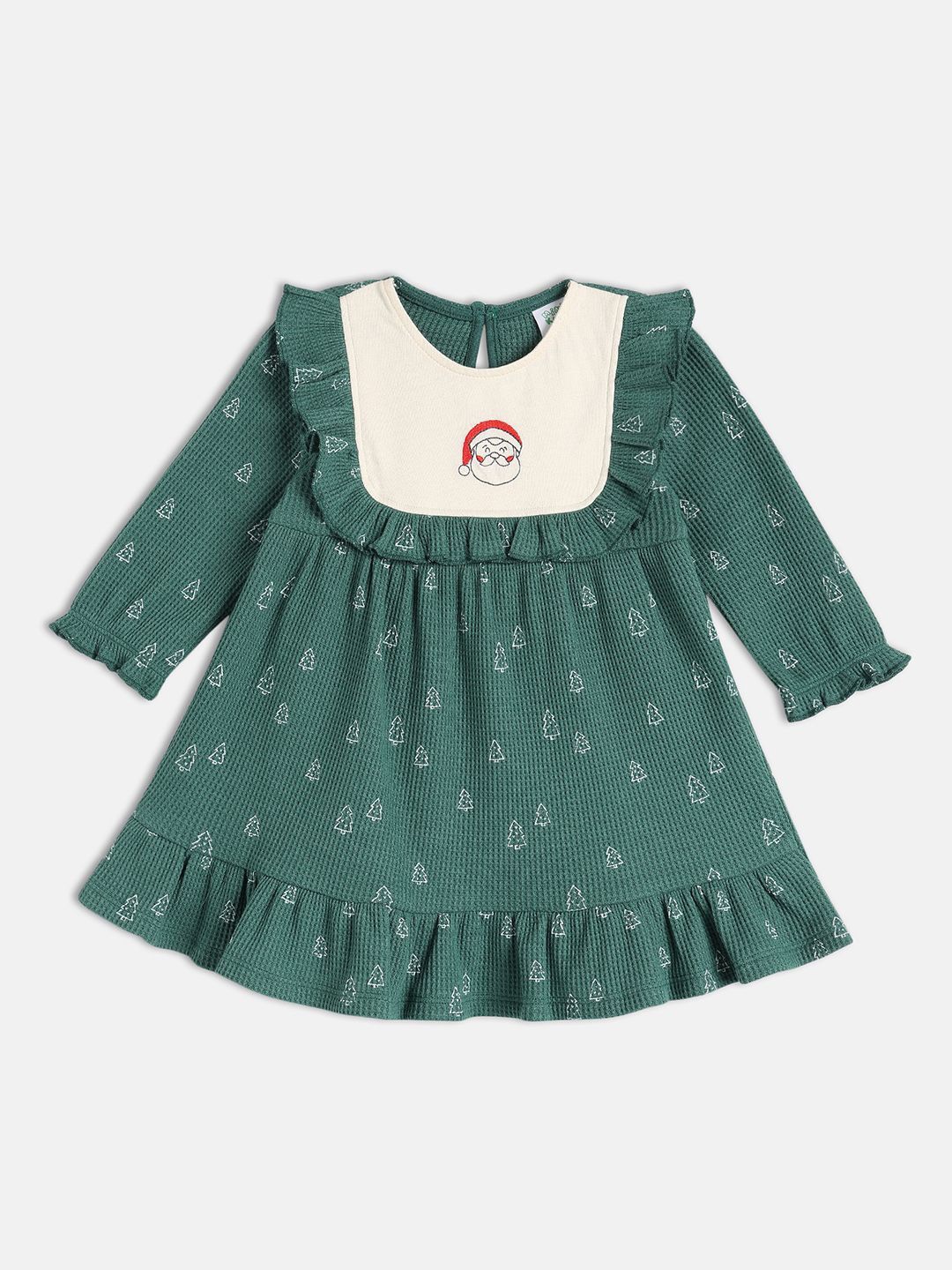

MINI KLUB Girls Christmas Tree Conversational Printed Ruffles Fit and Flare Dress, Green