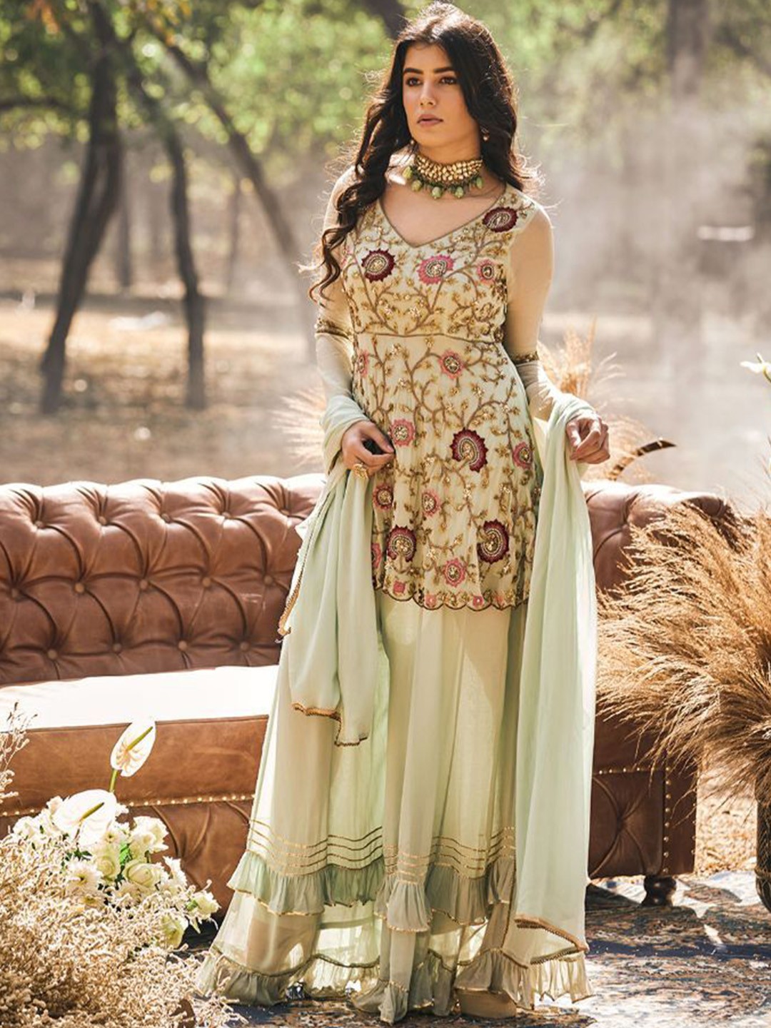 

The Front Row Women Floral Embroidered Regular Beads and Stones Kurti with Sharara & With Dupatta, Green