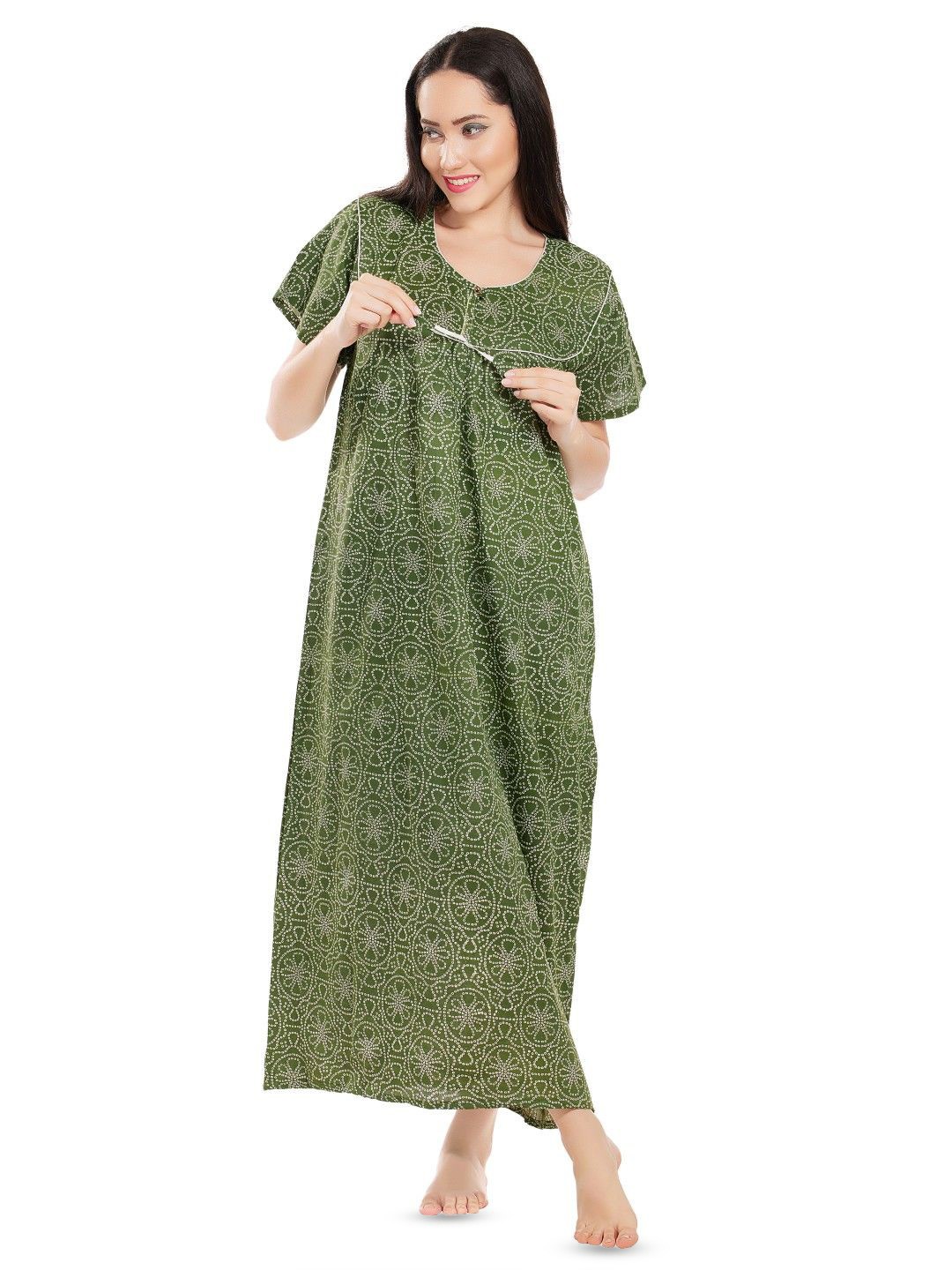 

Zionity Women Printed Maxi Nightdress, Green