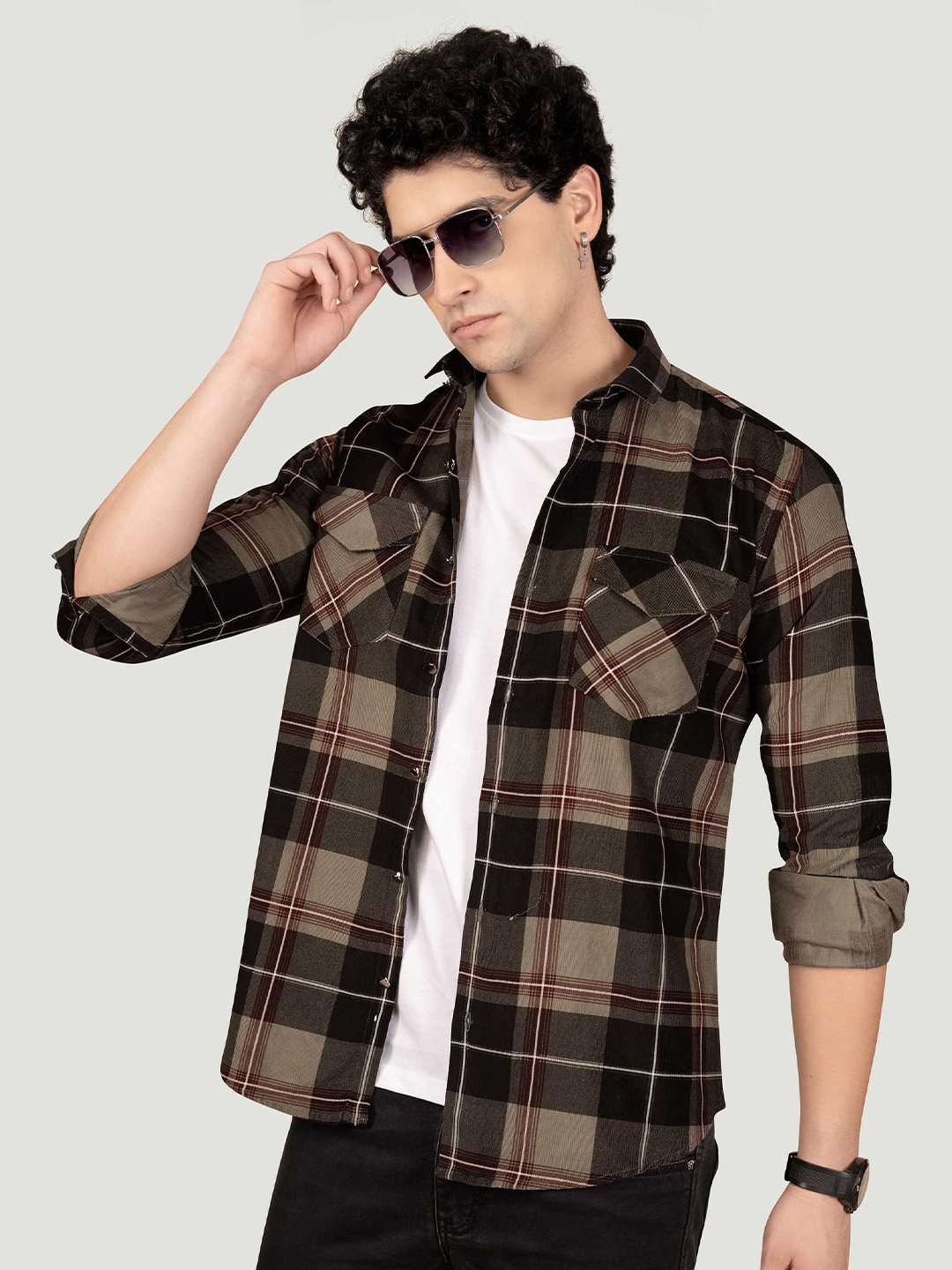 

ALMATY Men Comfort Spread Collar Tartan Checked Relaxed Fit Casual Shirt, Brown