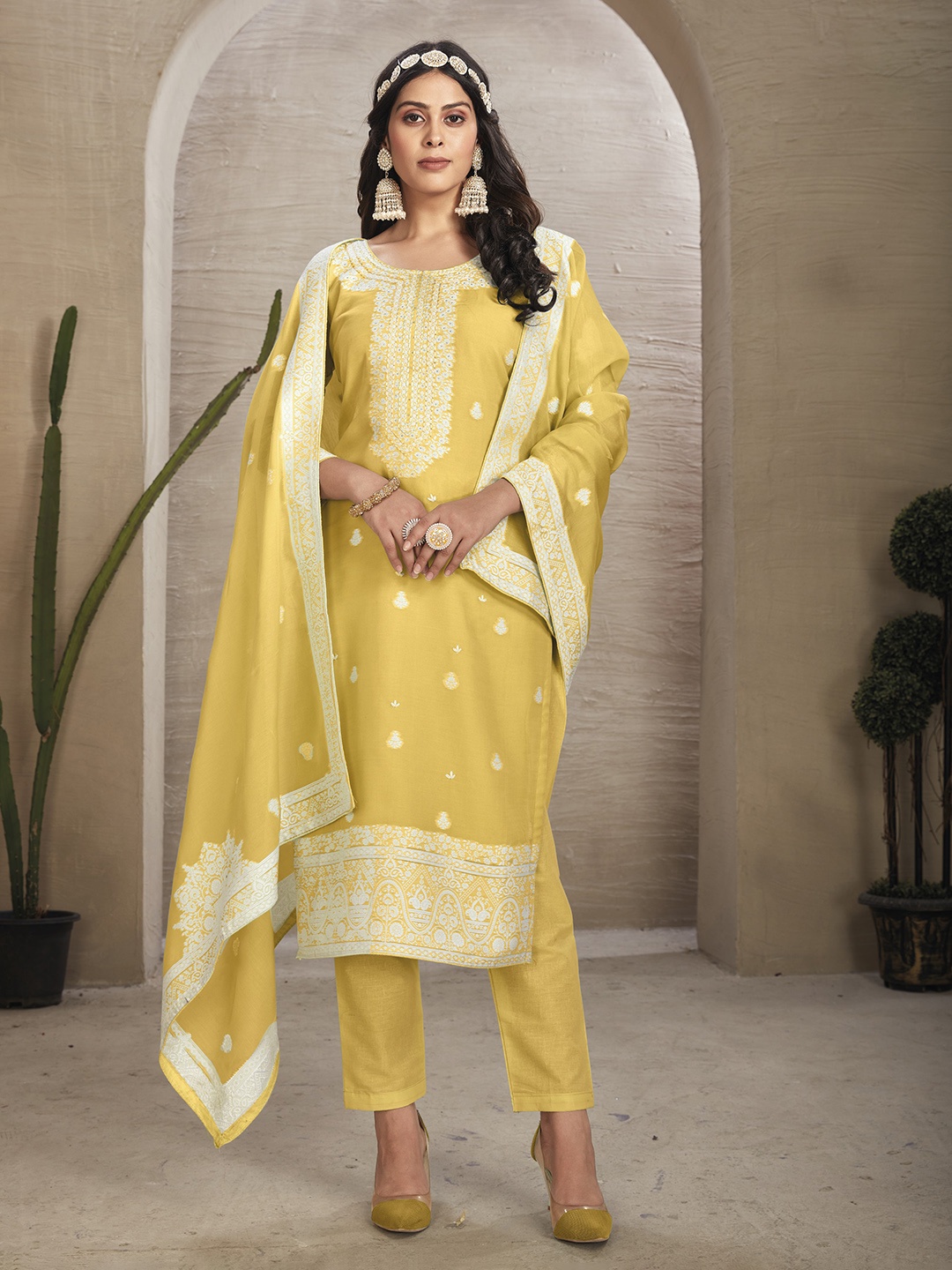 

KSM PRINTS Floral Embroidered Organza Unstitched Dress Material, Yellow