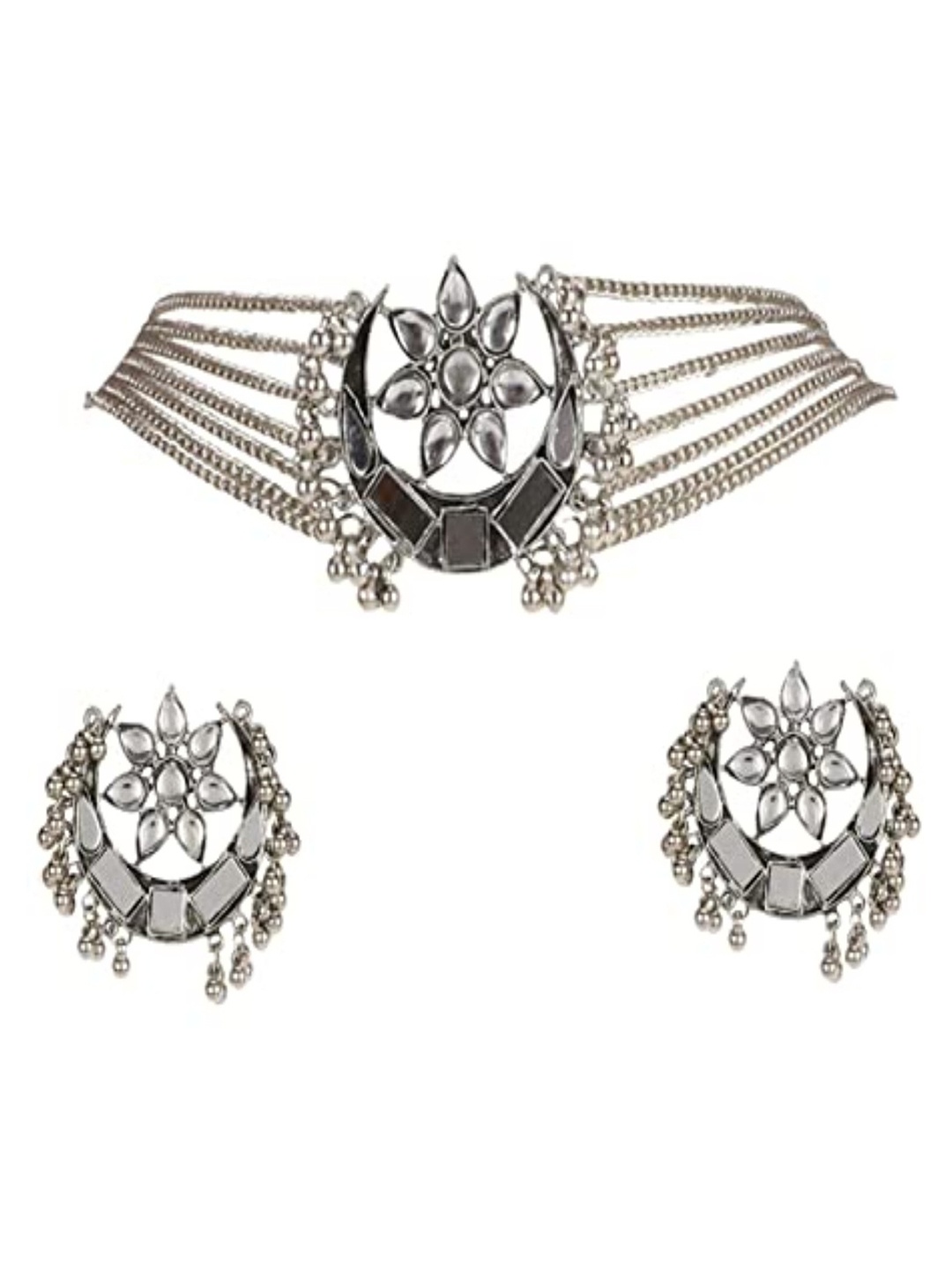 

SUNHARI Stone-Studded Necklace & Earrings, Silver