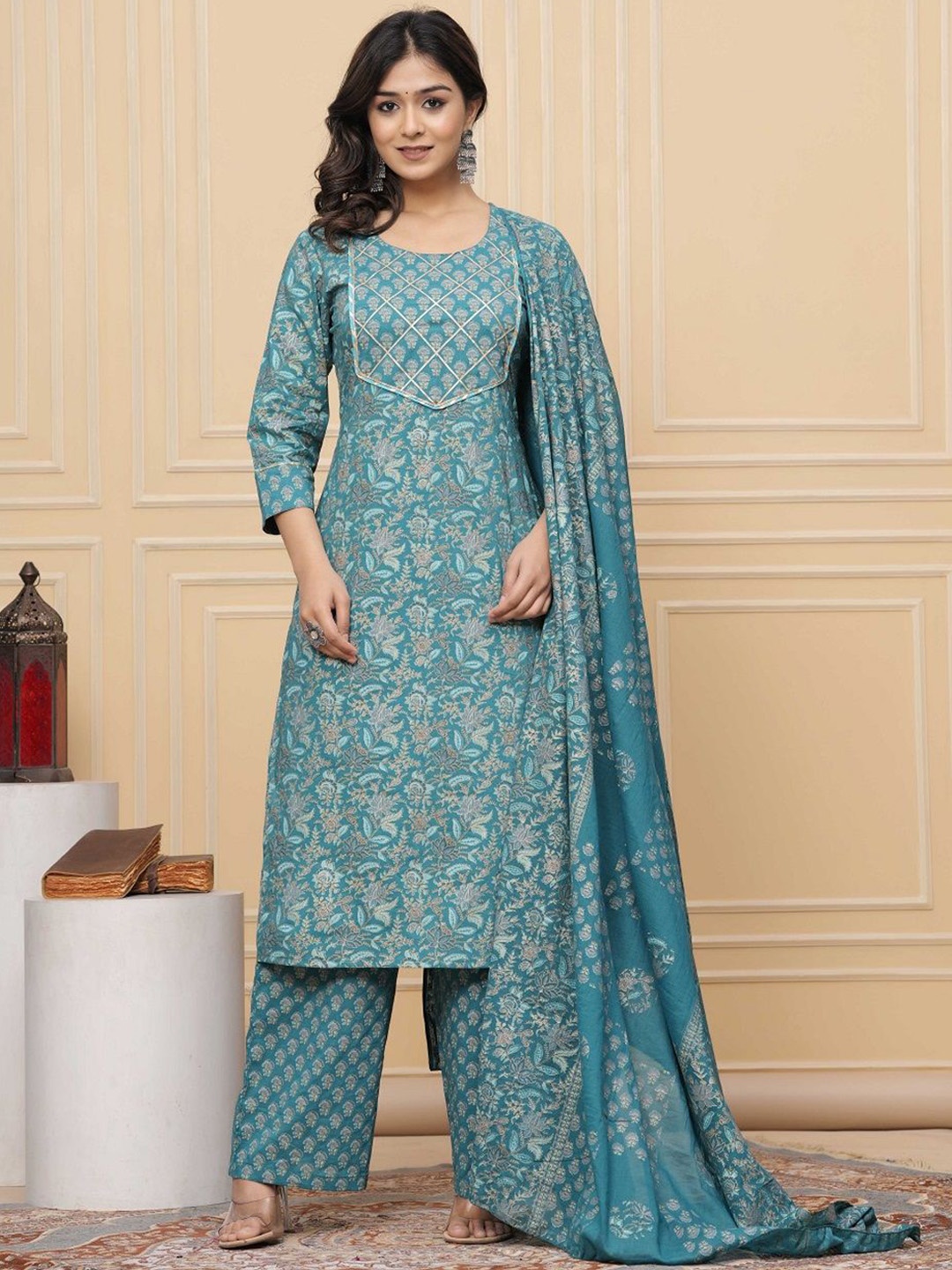 

Stitch up thread Women Ethnic Motifs Printed Kurta with Palazzos & With Dupatta, Green