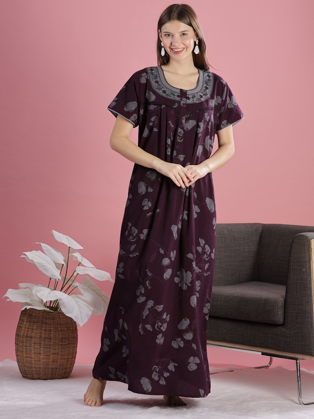 

9shines Label Women Floral Embroidered Maxi Nightdress, Burgundy