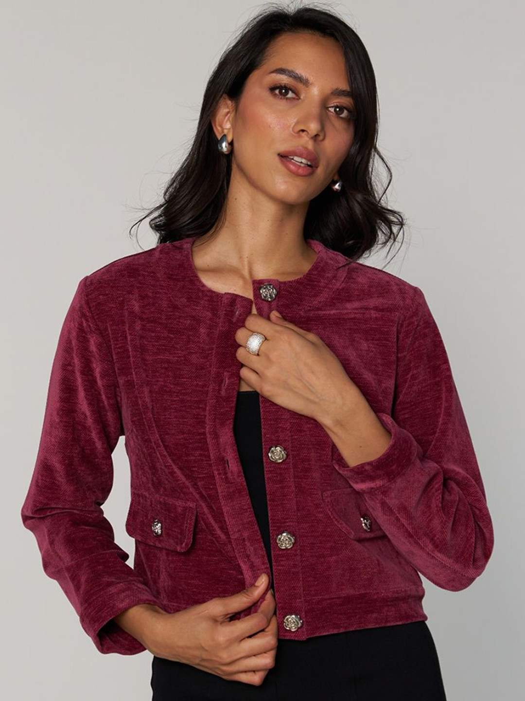 

Style Island Women Round Neck Solid Casual Denim Jacket, Maroon