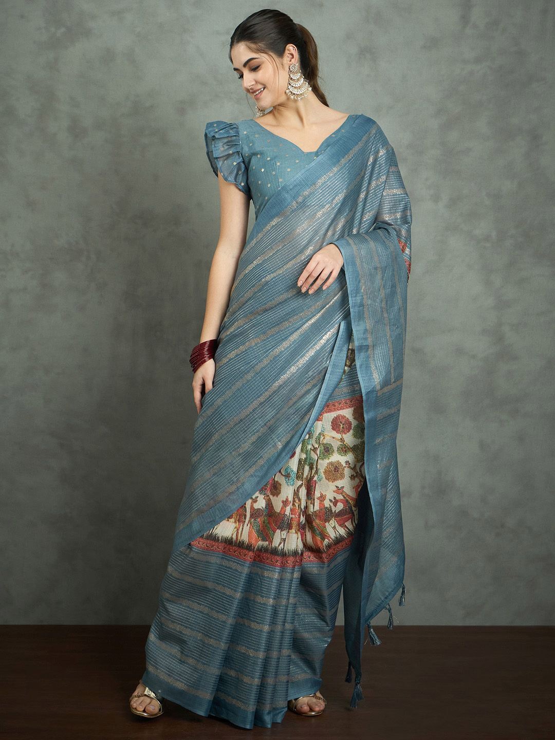 

Mitera Kalamkari Printed Block Print Saree, Blue