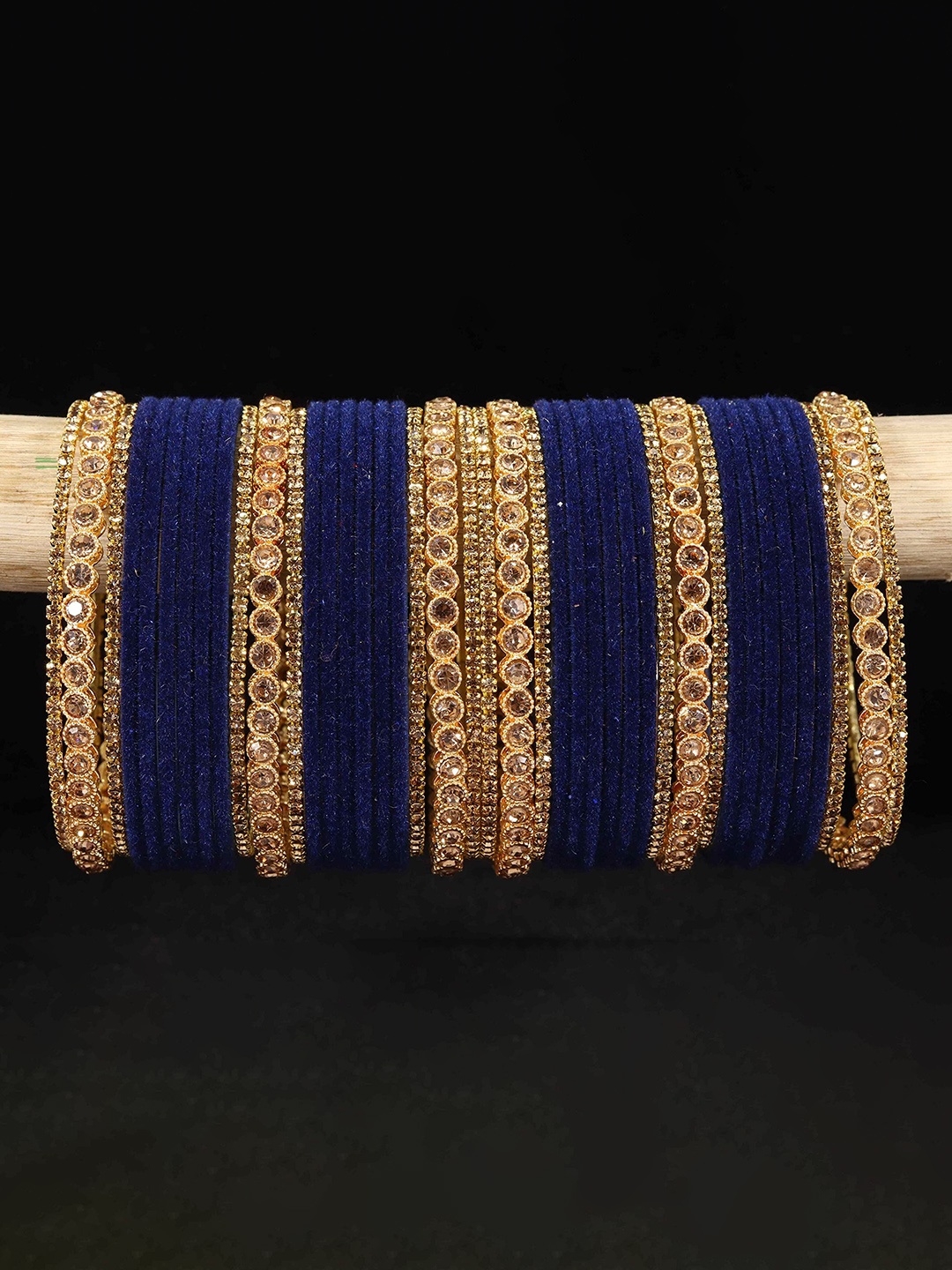 

ZULKA Set of 42 Artificial Stones and Beads Studded Velvet Bangle, Navy blue