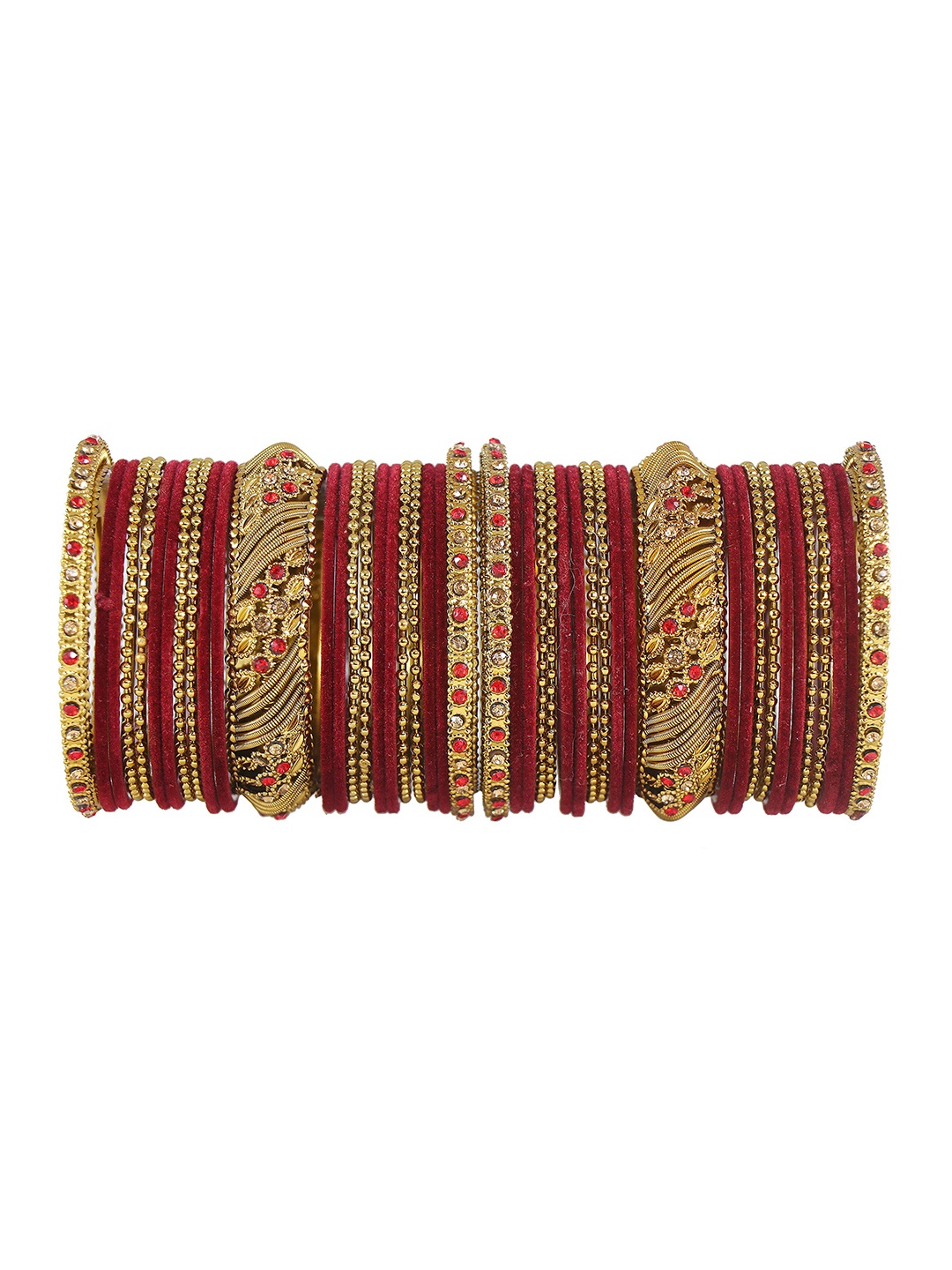 

ZULKA Set of 46 Base Metal Zircon Gemstone and Beads Studded Ball Chain Bangles, Red