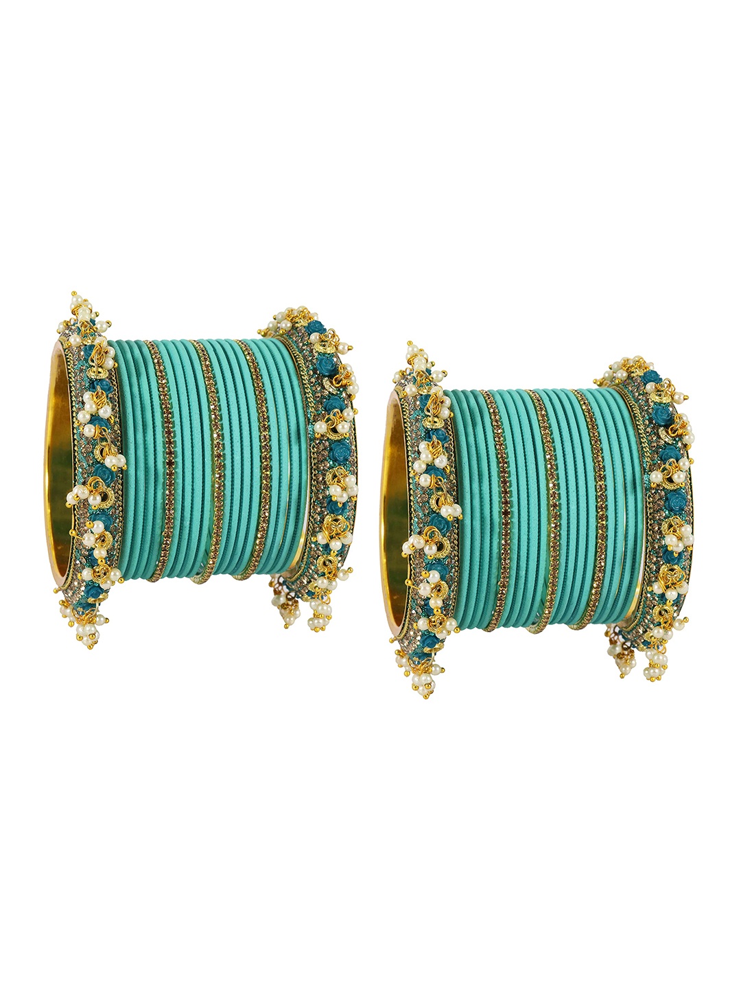 

ZULKA Set Of 32 Velvet Zircon Gemstone Studded Bangles, Turquoise blue