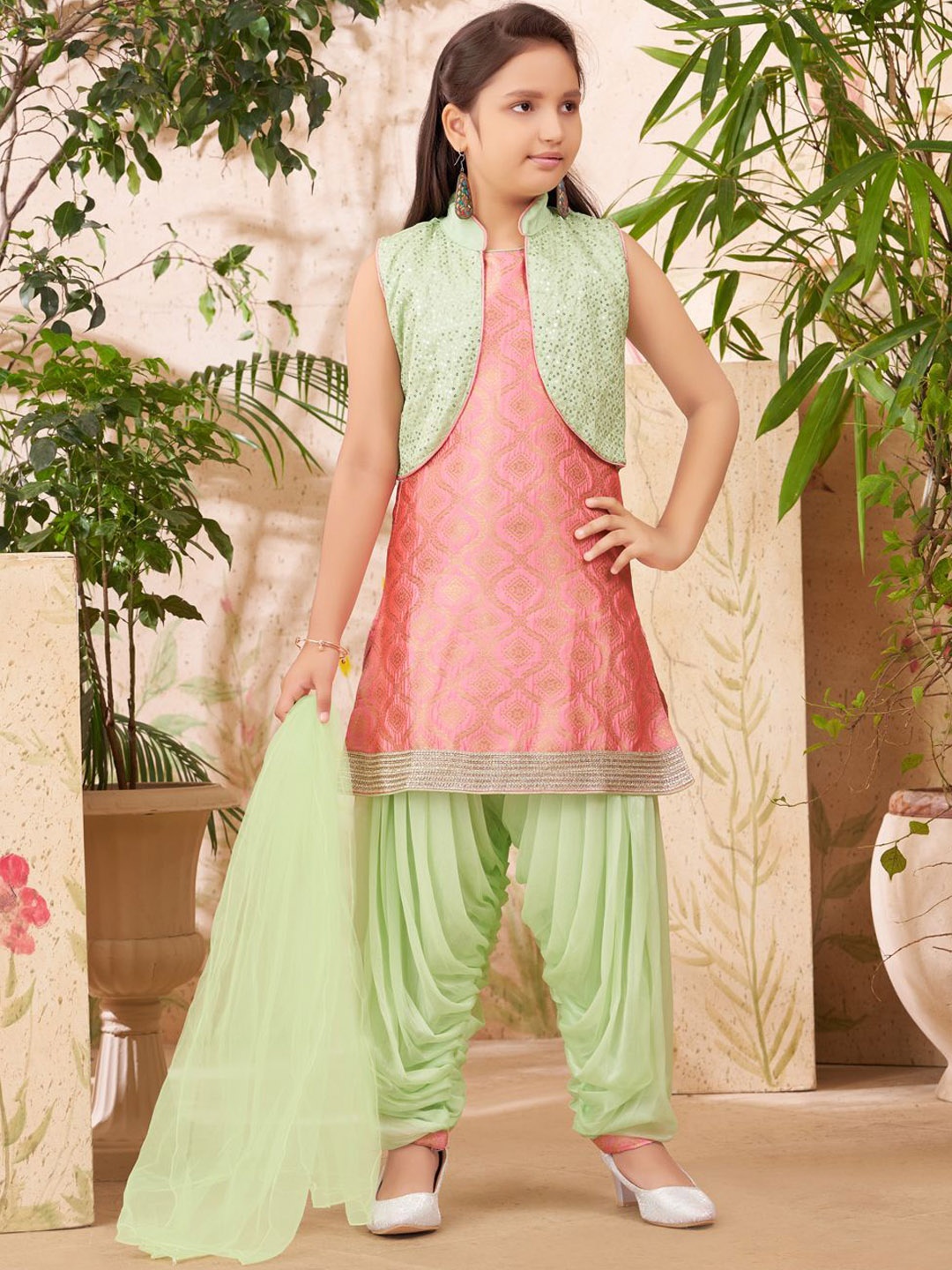 

Sangria Girls Sequin Embroidered Kurti Patiala & Dupatta With Jacket, Pink