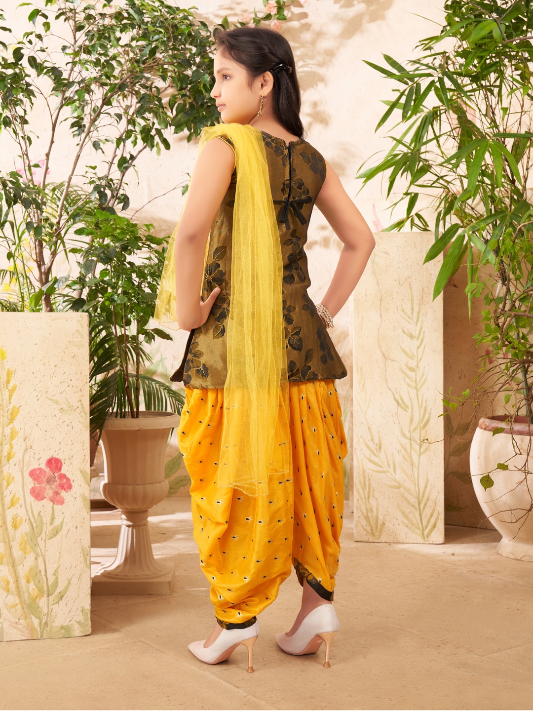 

Sangria Girls Floral Printed Beads and Stones Brocade Straight Kurti Patiala & Dupatta, Olive