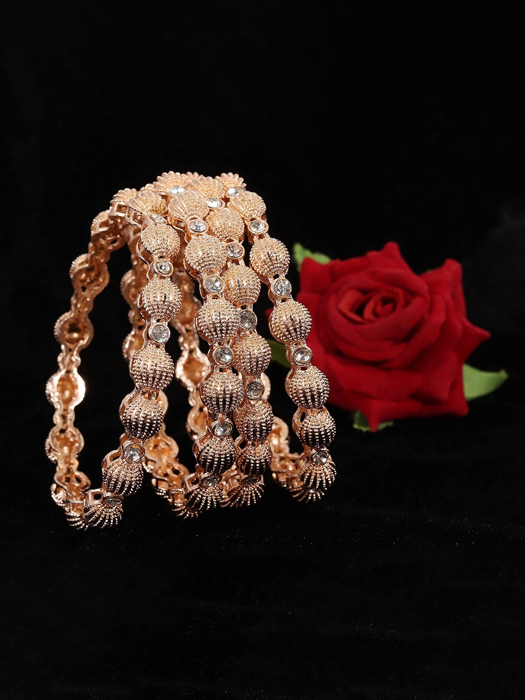 

ZULKA Pack Of 4 Rose Gold Plated Artificial Stones and Beads Studded Bangles