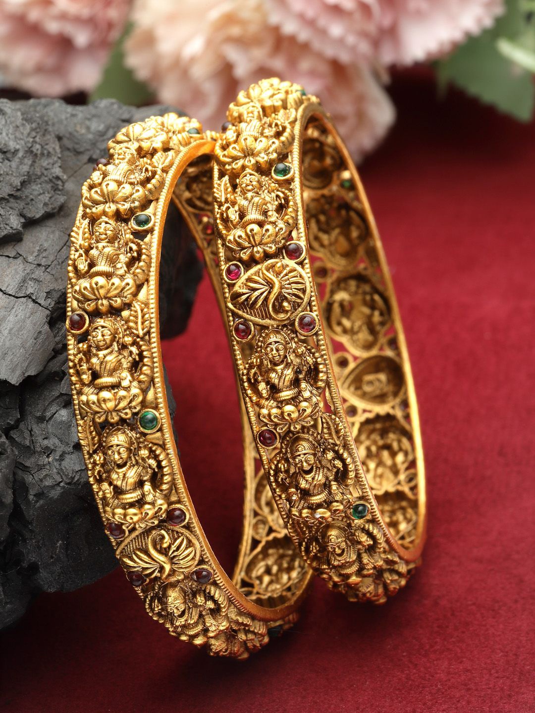 

PANASH Set Of 2 24 CT Gold-Plated AD-Studded Antique Bangles