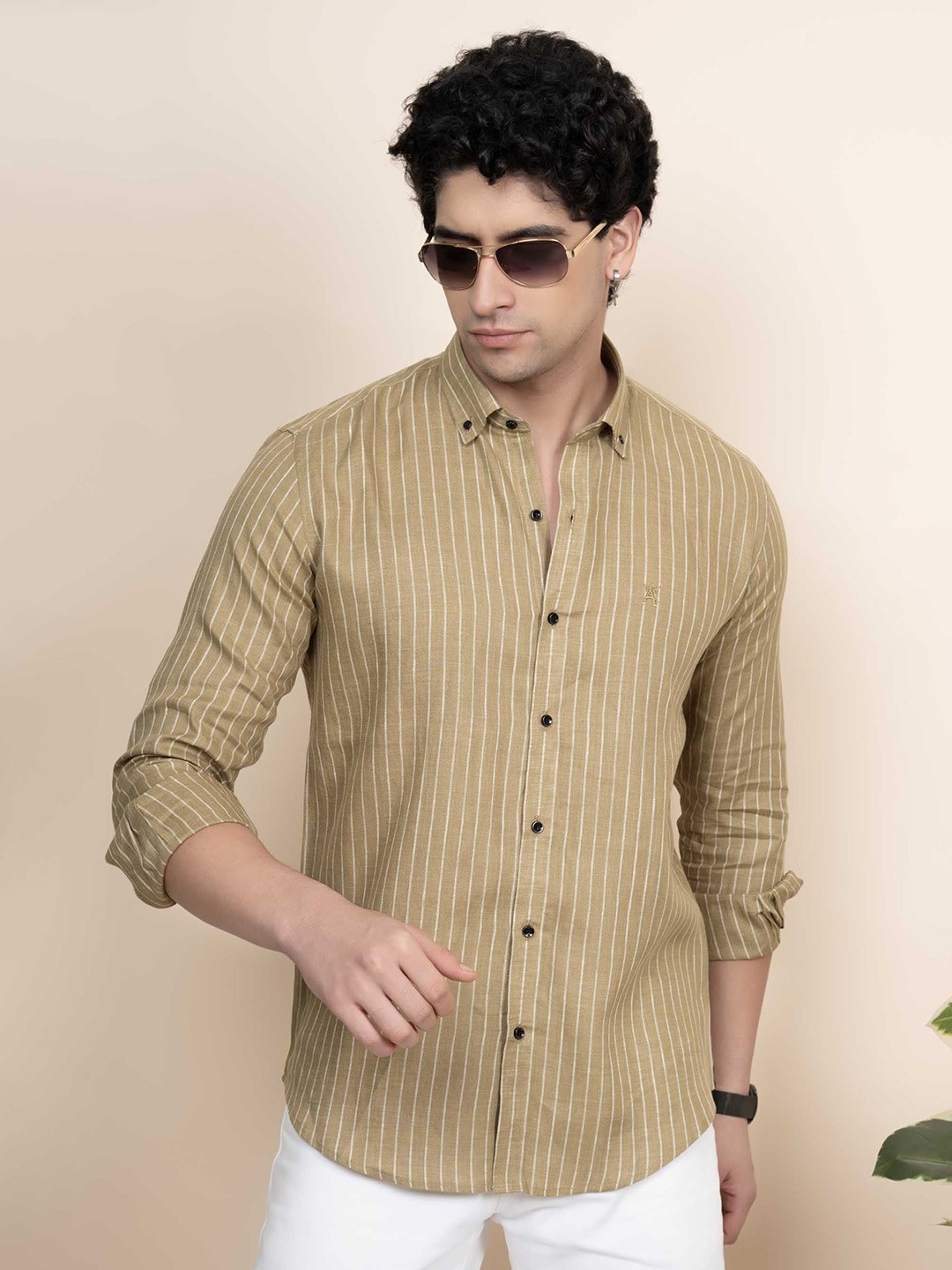 

ALMATY Men Comfort Button-Down Collar Vertical Striped Linen Casual Shirt, Brown