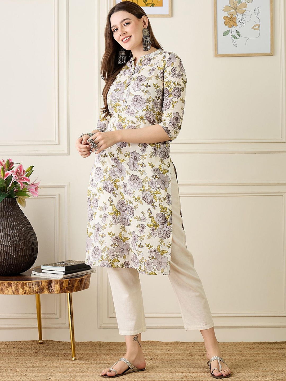 

Anouk Floral Printed Mandarin Collar Pure Cotton Straight Kurta, White