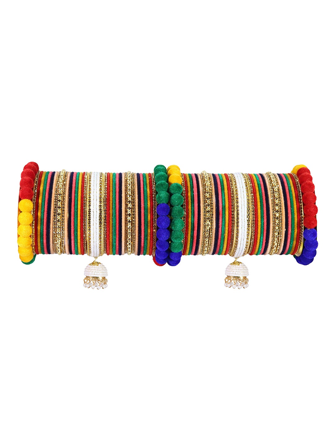 

ZULKA Set of 86 Premium White Stone & Pearls Moti Velvet Bangles Bridal Chuda, Red