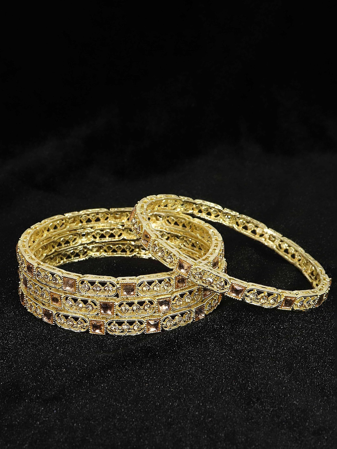 

ZULKA Set of 4 Golden Zircon Stone & Kundan Mirror Work Premium Metal Bangles, Gold