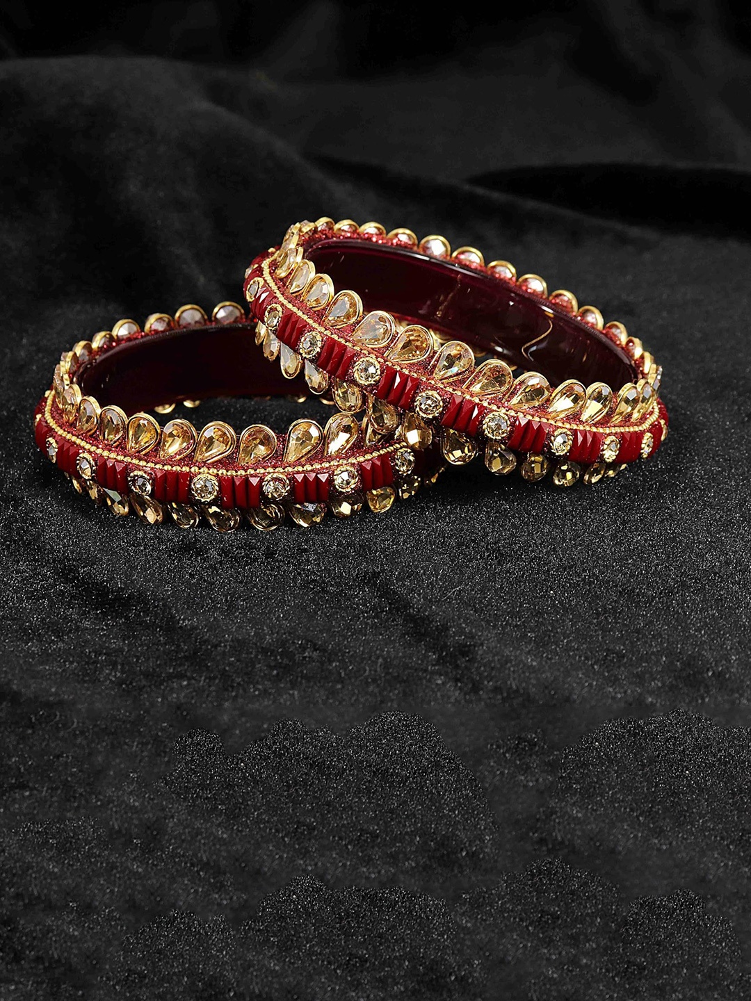

ZULKA Set of 2 Alloy Base Golden Kundan & Artificial Stone Bangles, Maroon