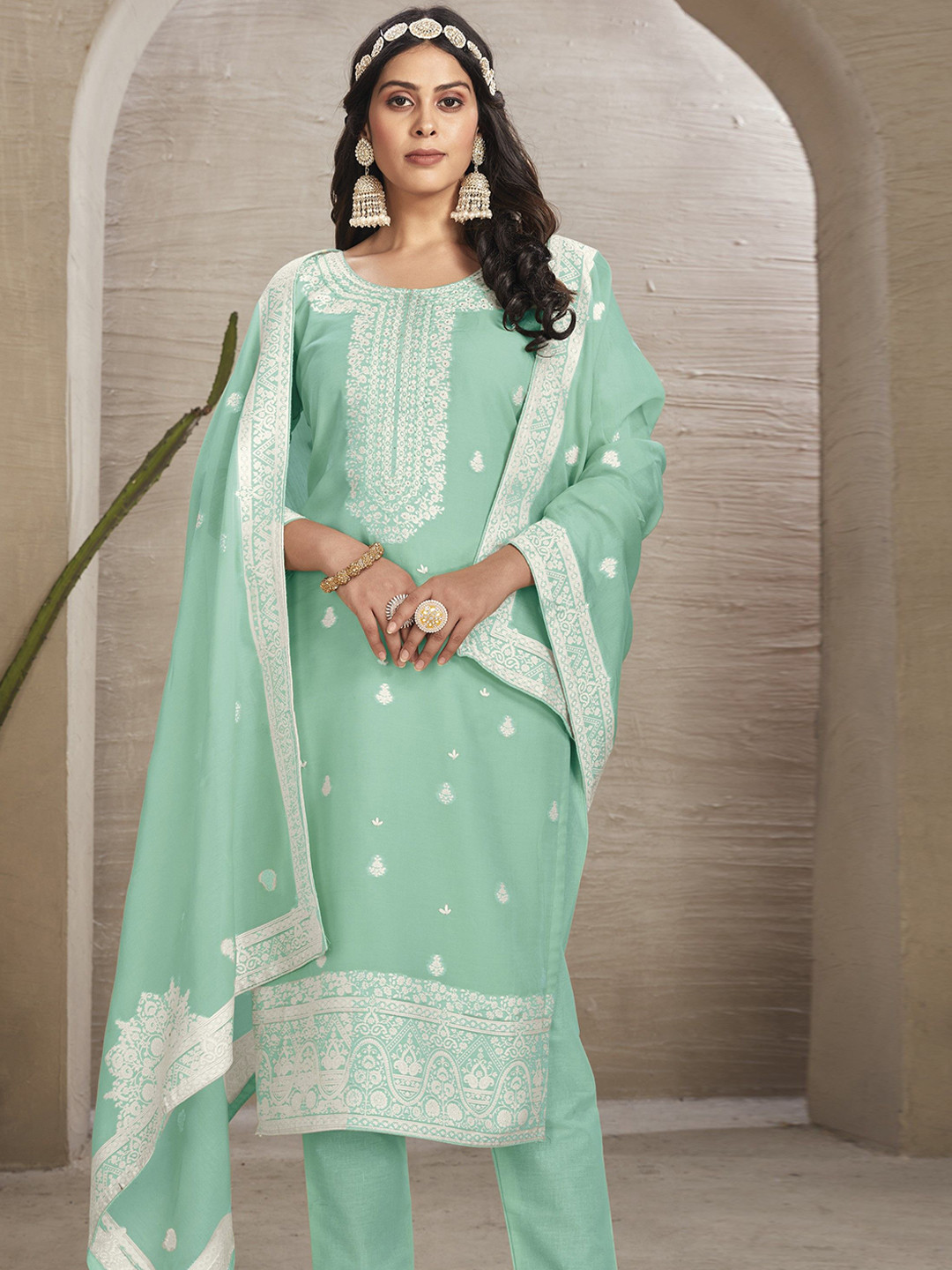 

KSM PRINTS Floral Embroidered Organza Unstitched Dress Material, Sea green