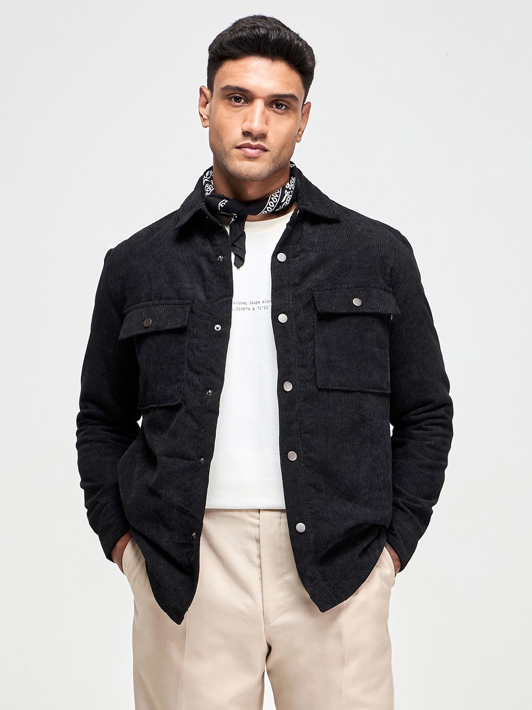 

Red Flame Pocket Detailing Casual Corduroy Shacket, Black