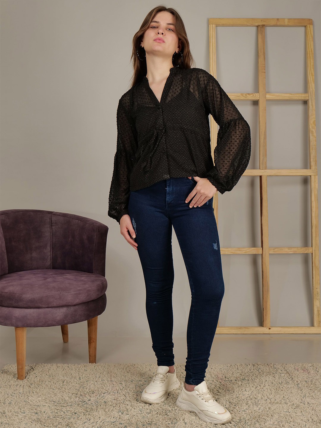 

THE BLACK LOVER Women Self Design Puff Sleeves Mandarin Collar Top