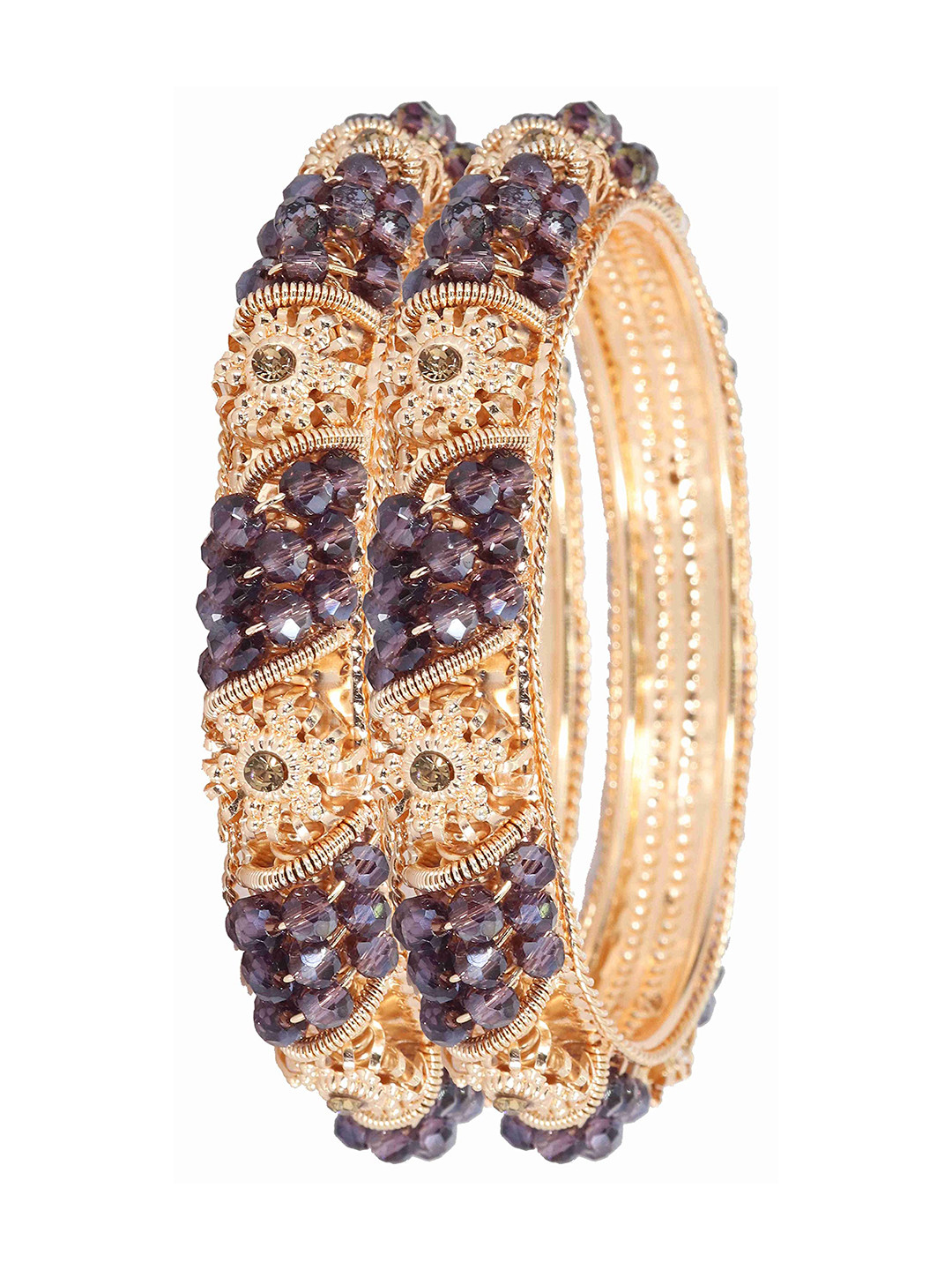 

ZULKA Pack of 2 Zircon Gemstone Beaded Metal Kada Bangles, Purple
