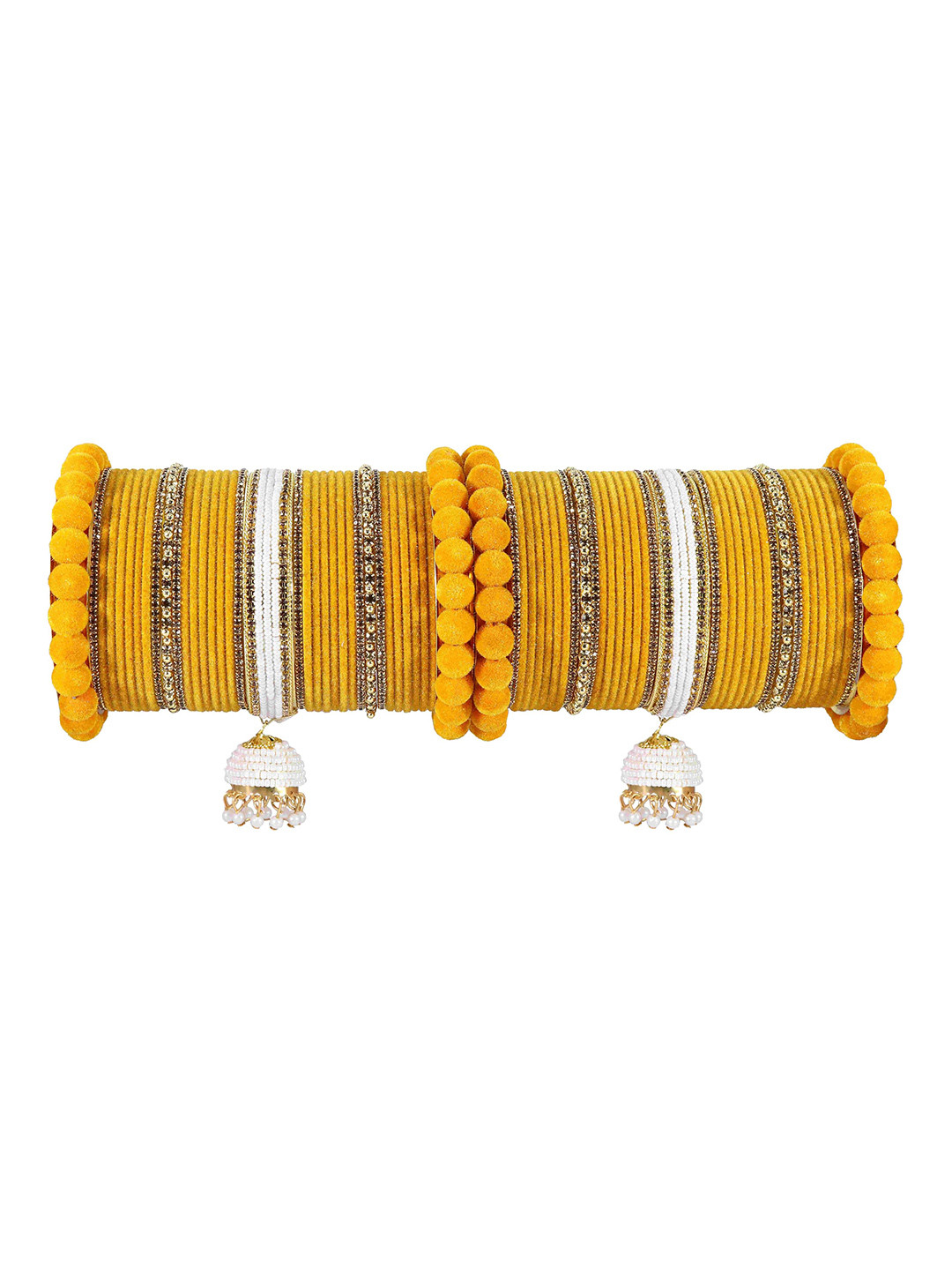 

ZULKA Set of 74 Designer Metal White Stone & Pearls Moti Velvet Latkan Bridal Chuda, Red