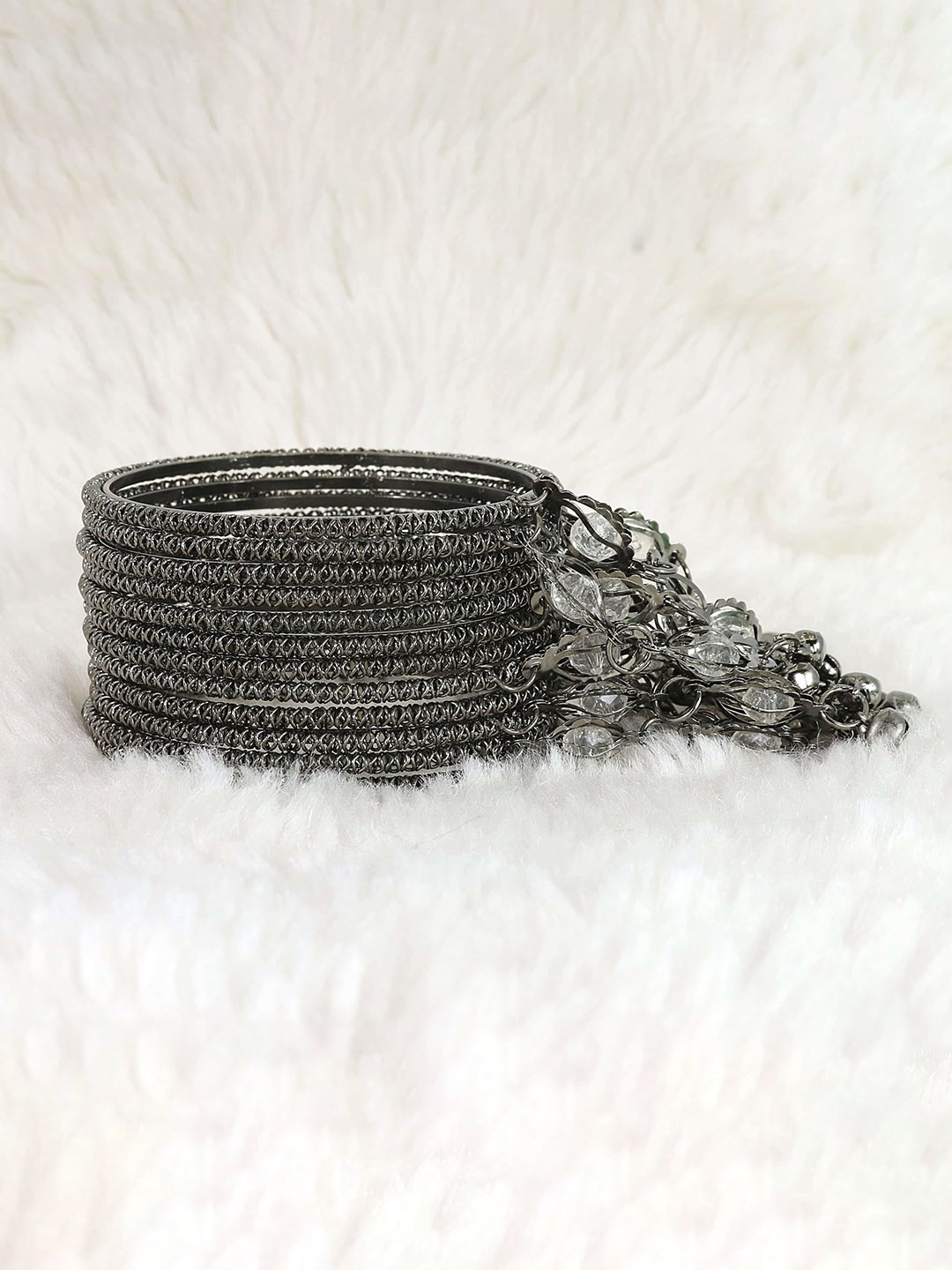 

ZULKA Set of 12 Zircon Stone & Bells Latkan Bangles, Black