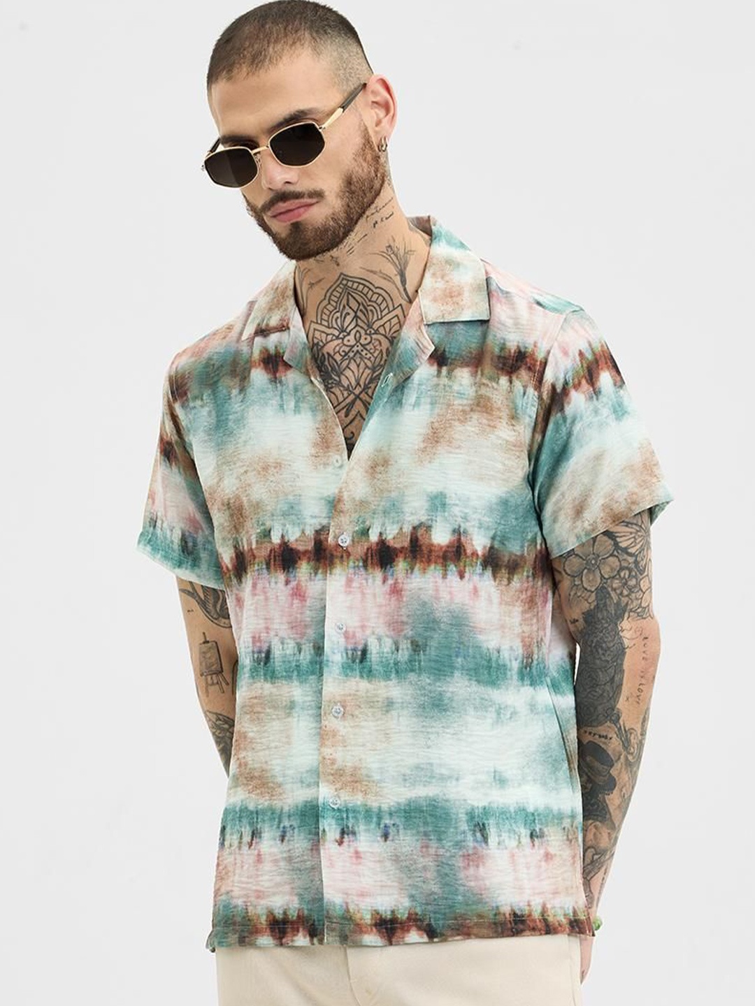 

Snitch Men Relaxed Cuban Collar Abstract Printed Casual Shirt, Teal