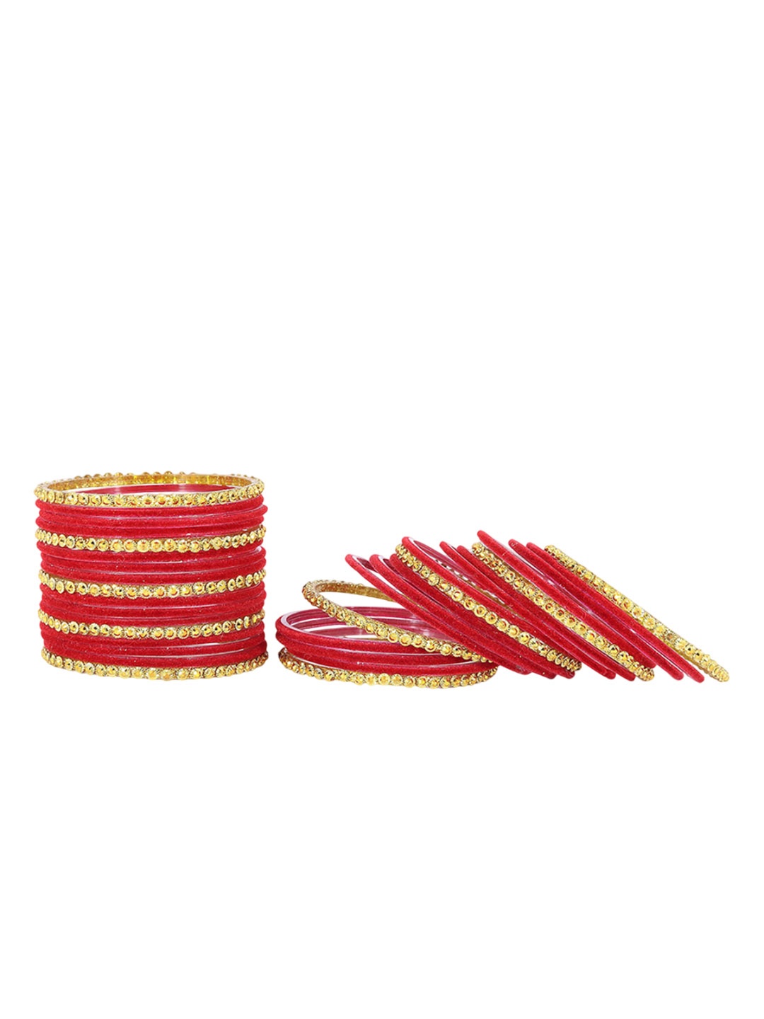 

ZULKA Set of 34 Stylish Golden Beaded Velvet Glass Fancy Bangle, Red