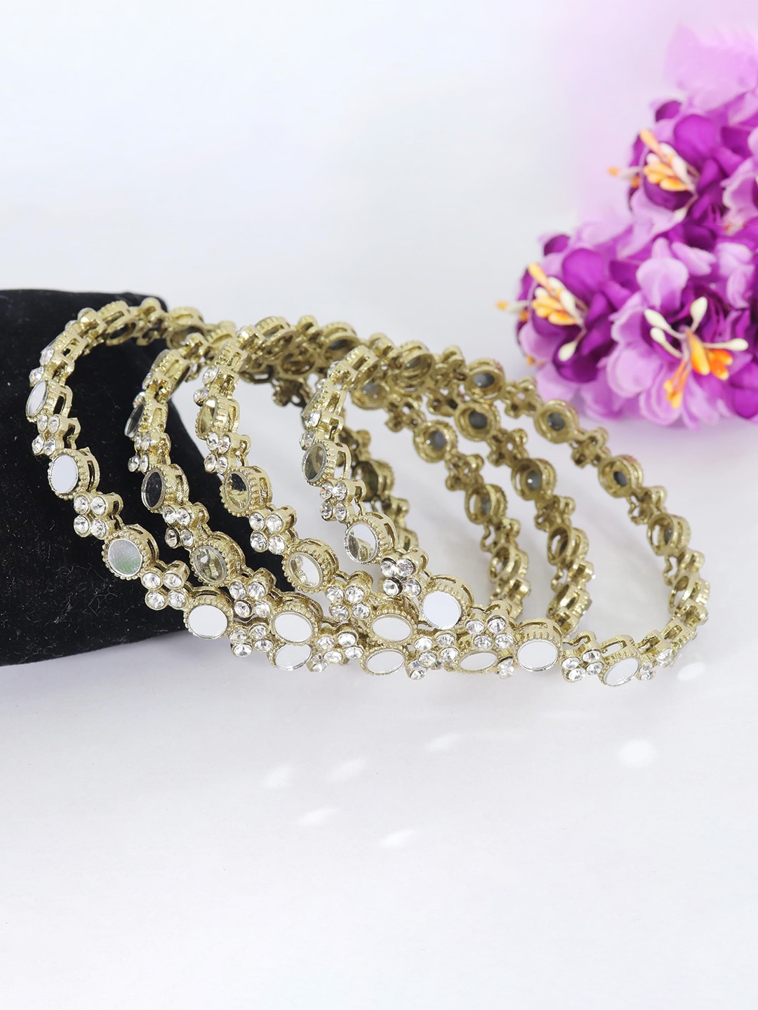 

ZULKA Pack Of 4 Fancy Mirror Work Metal Diamond Stone Bangles, Metallic