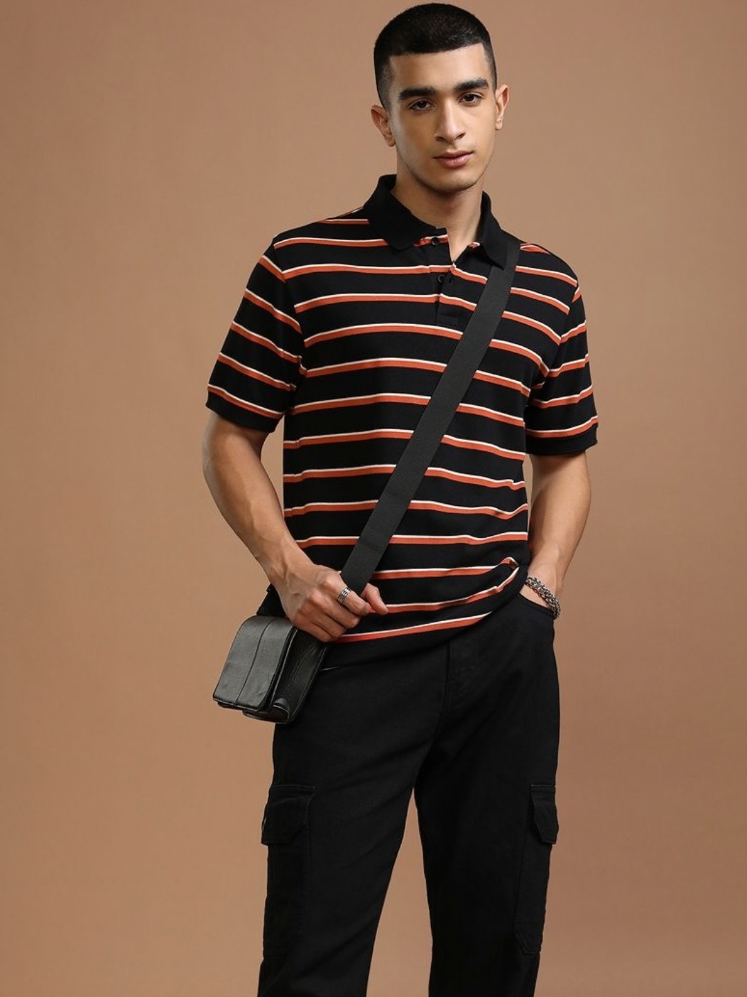 

HIGHLANDER Men Striped Polo Collar Relaxed Fit T-shirt, Black