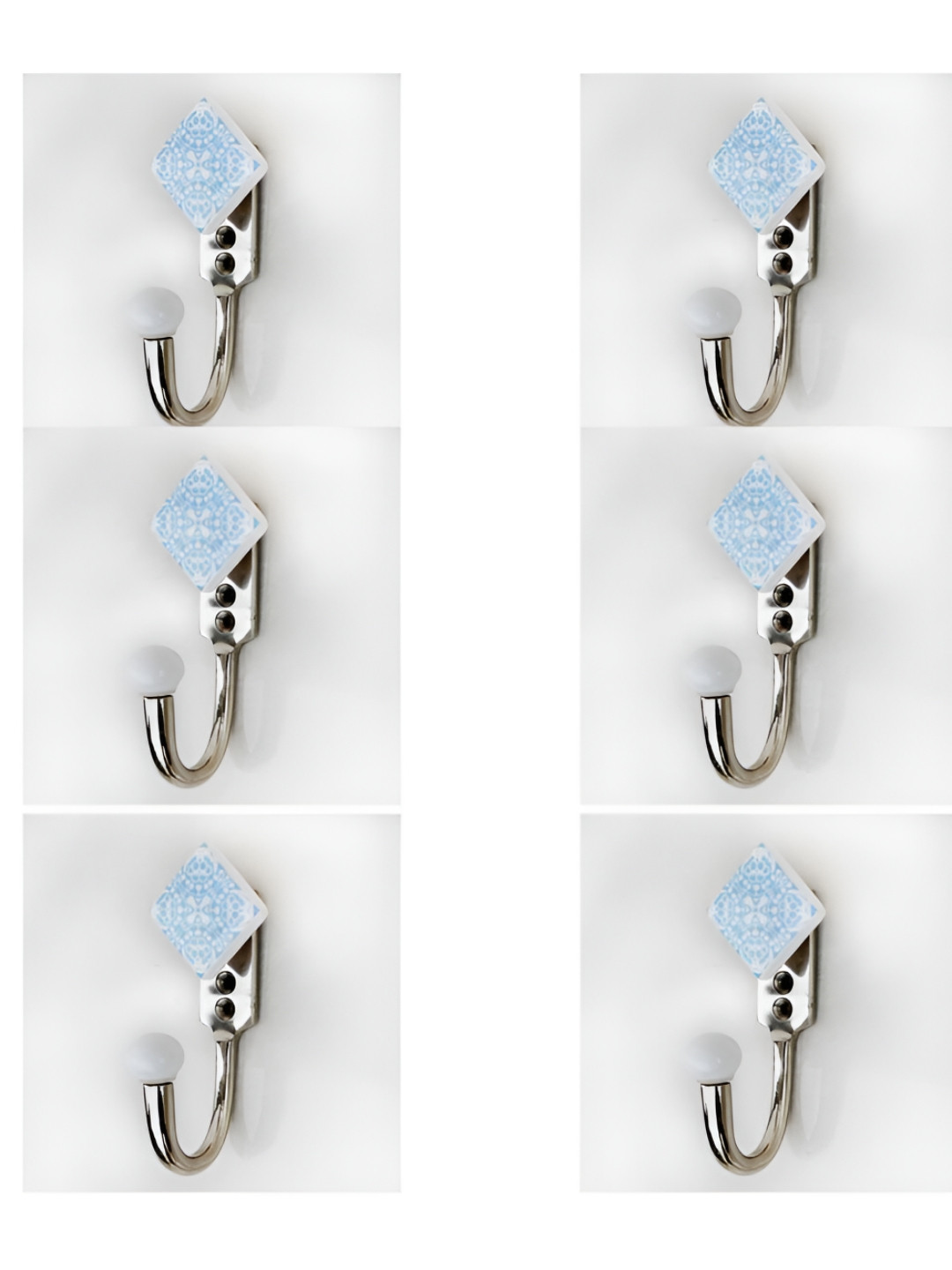 

IndianShelf White & Blue 6 Pieces Printed Ceramic & Zinc Wall Hooks