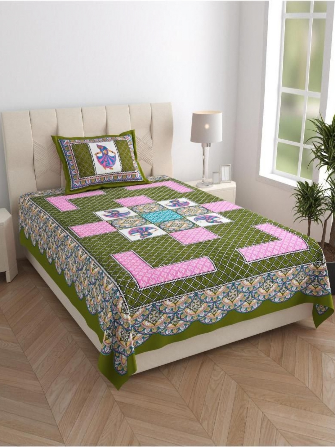 

UNIQCHOICE Green & Pink Ethnic Motifs 120 TC Cotton Single Bedsheet Set-2.25 m x 1.50 m
