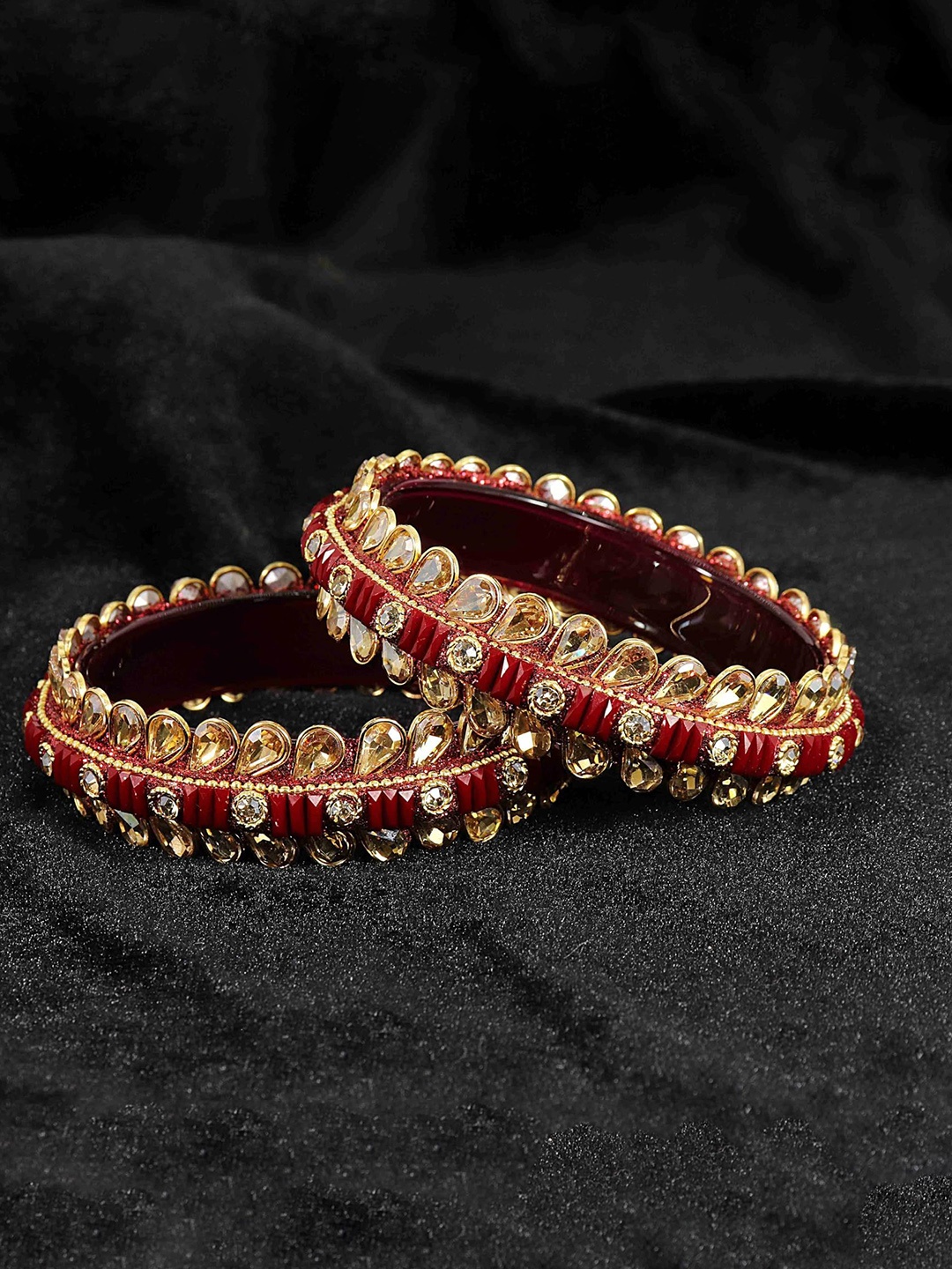 

ZULKA Set of 2 Glass Kundan & Zircon Studded Bangles, Maroon