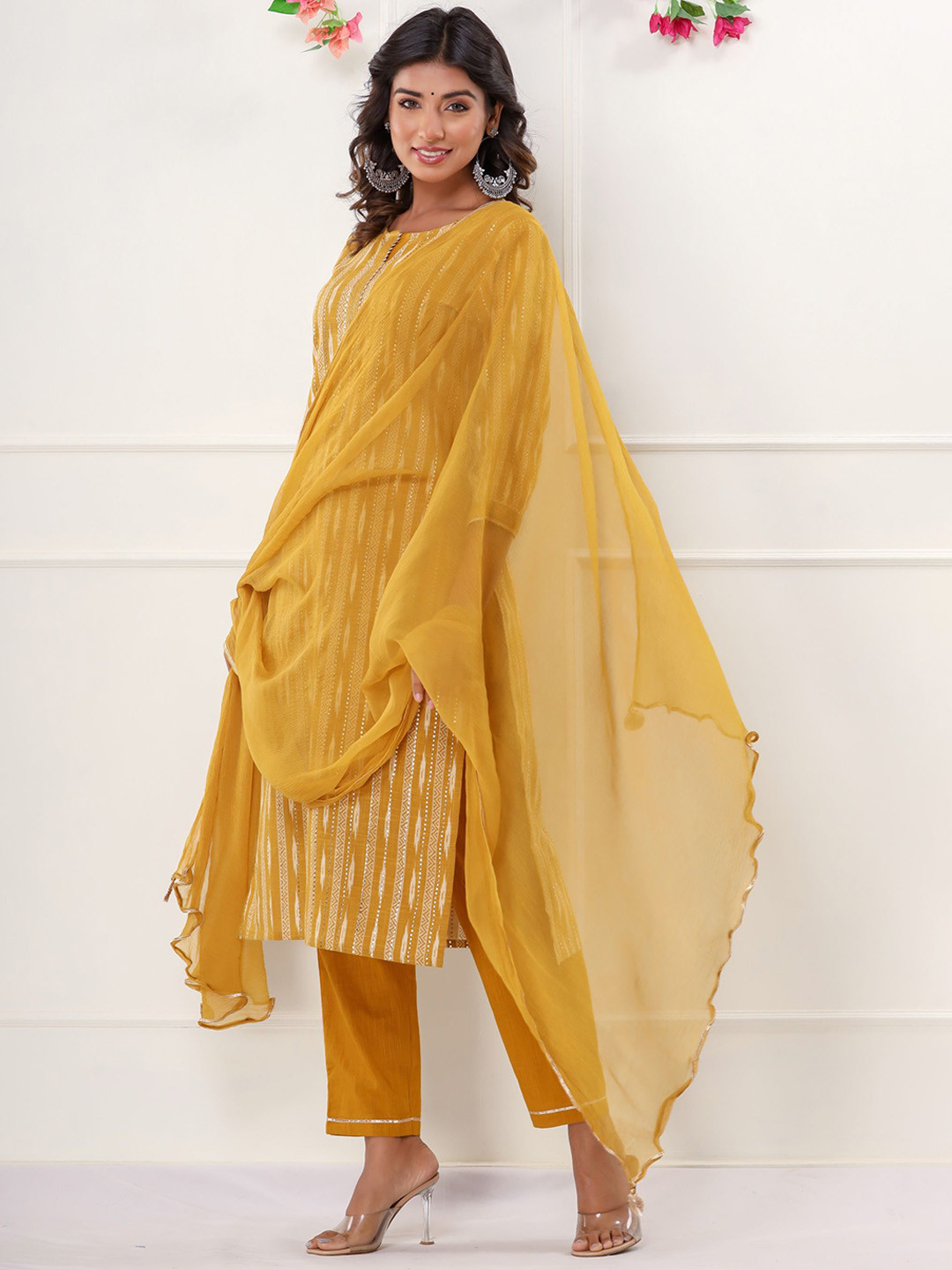 

AAYUMI Striped Round Neck Pure Cotton Straight Kurta With Trousers & Dupatta, Mustard