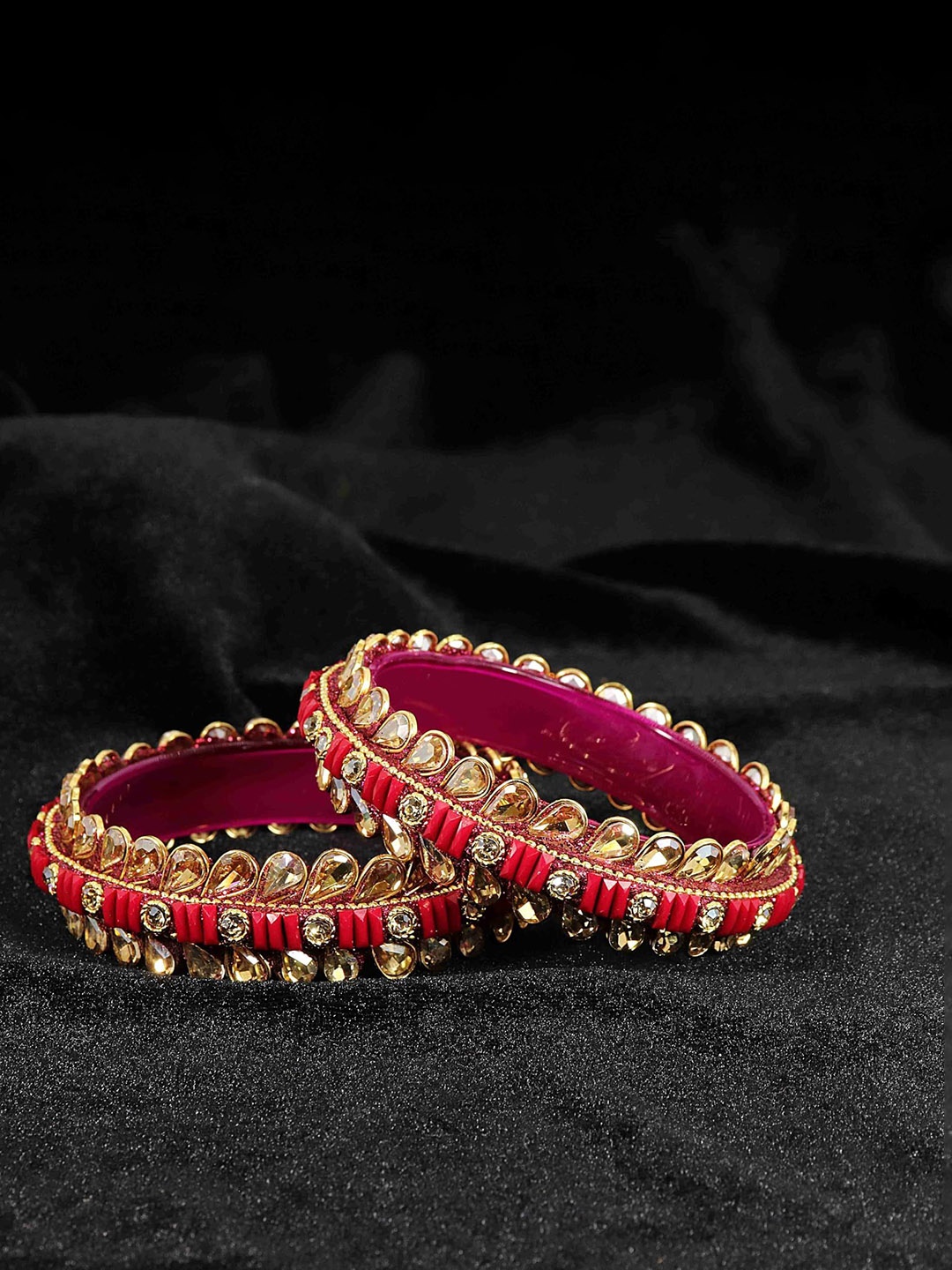 

ZULKA Set of 2 Glass Golden Kundan & Zircon Stone Kada Bangles, Magenta