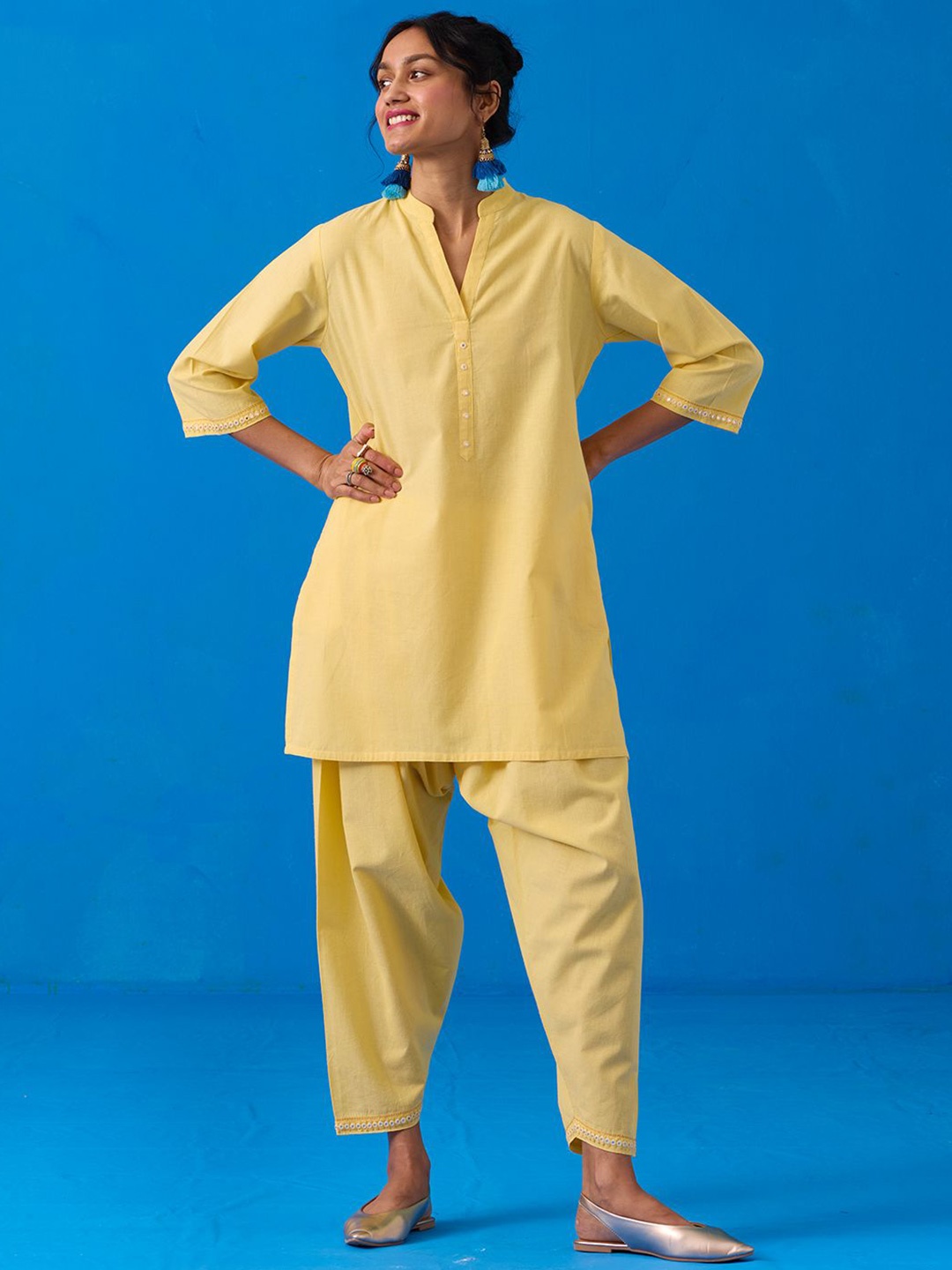 

OKHAI Women Embroidered Regular Mirror Work Pure Cotton Kurti with Salwar, Yellow