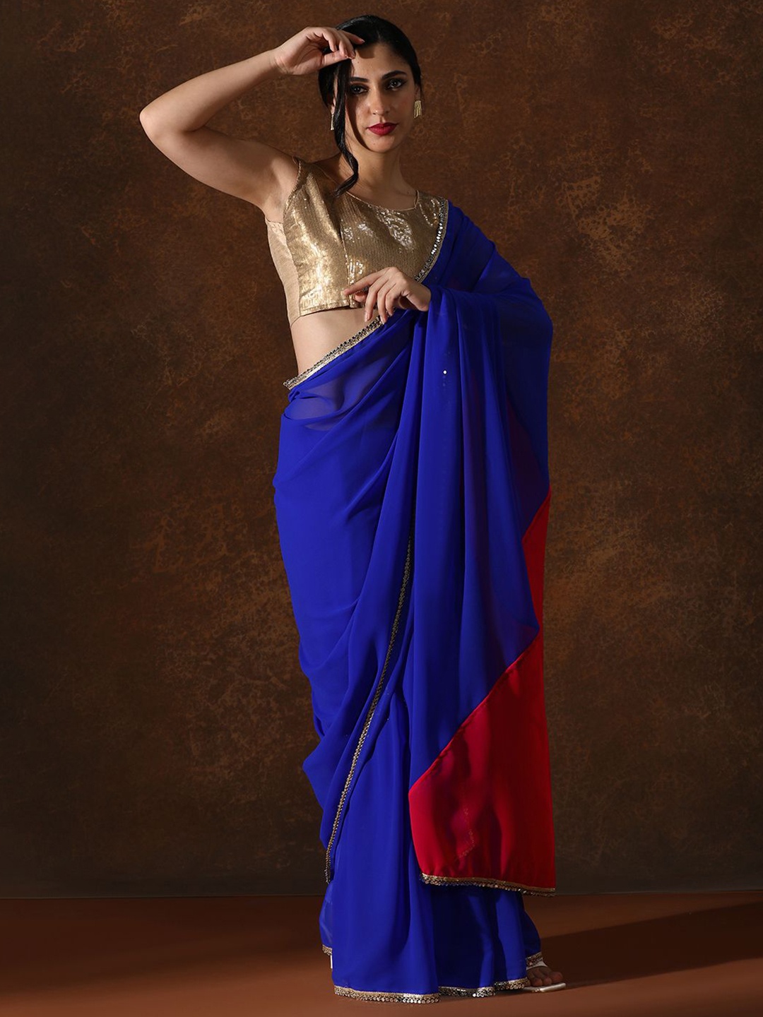 

Mitera Women Colourblocked Mirror Work Pure Georgette Saree, Blue