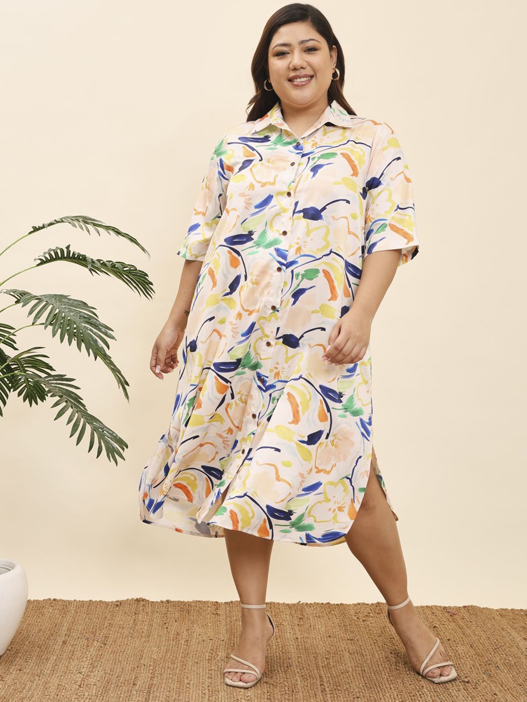

MOOBA Women Print Shirt Midi Dress, Beige